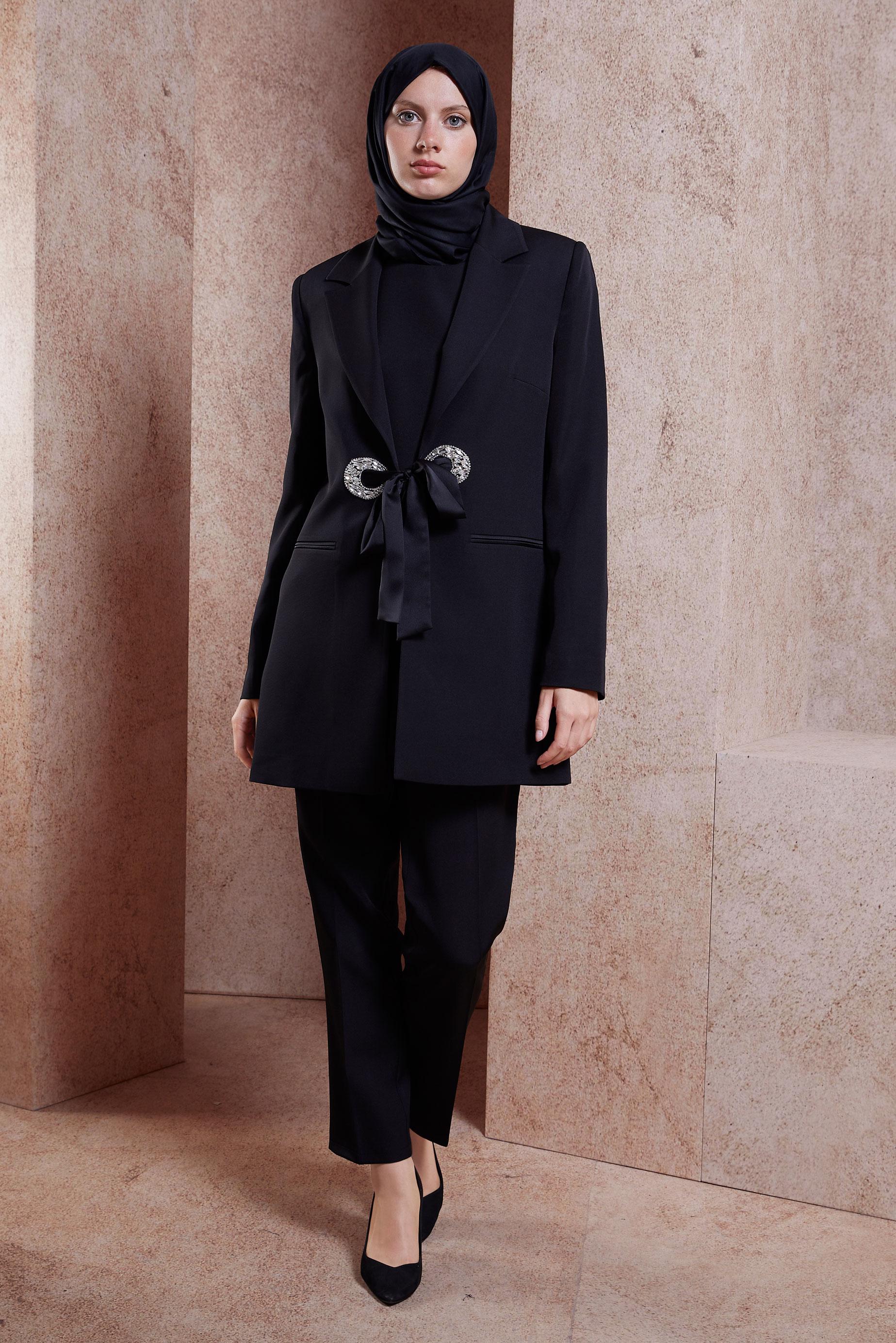 Tesettür giyim SİYAH TAŞ DETAYLI ÜÇLÜ PANTOLONLU TAKIM 30436