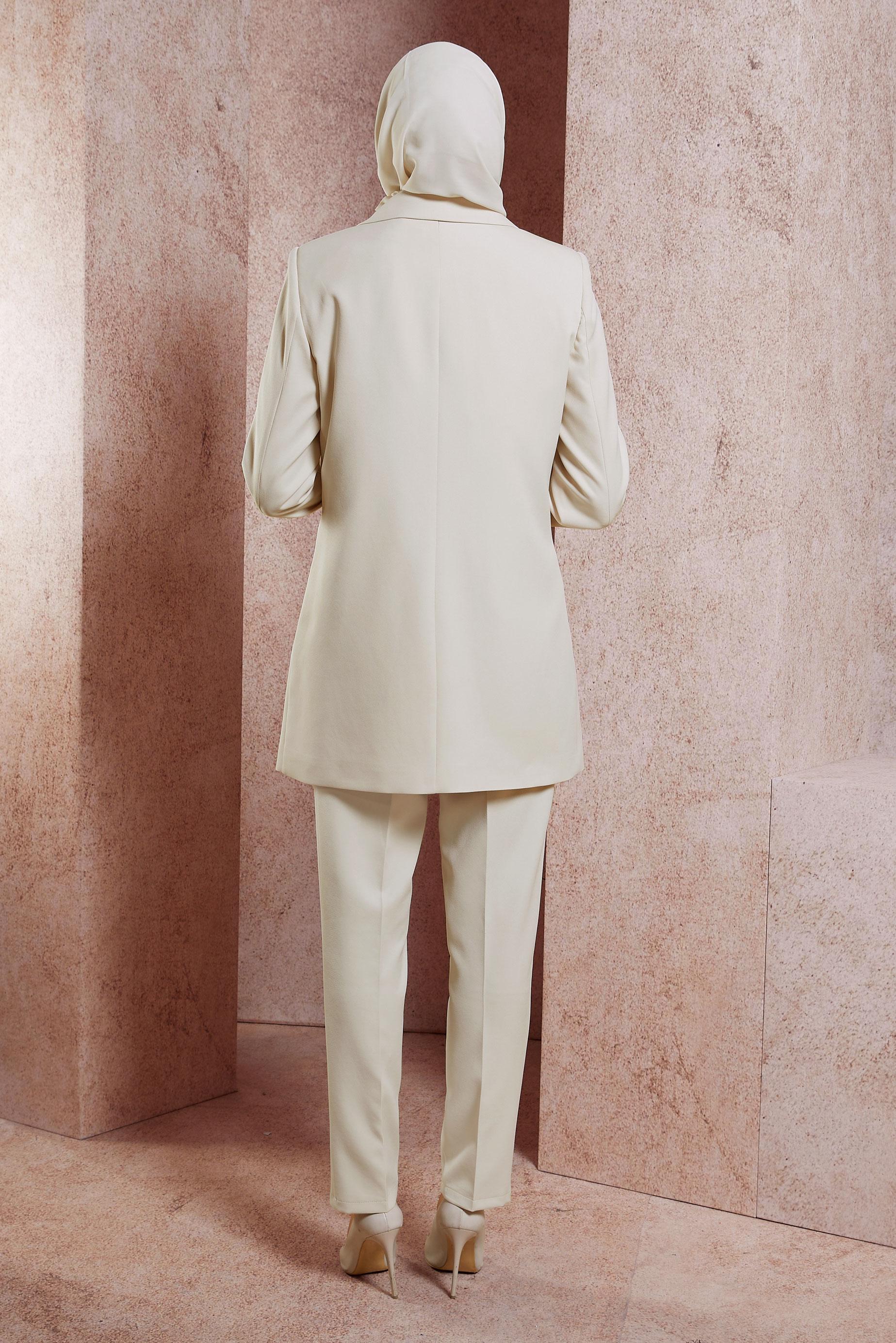 Tesettür giyim EKRU TAŞ DETAYLI ÜÇLÜ PANTOLONLU TAKIM 30436