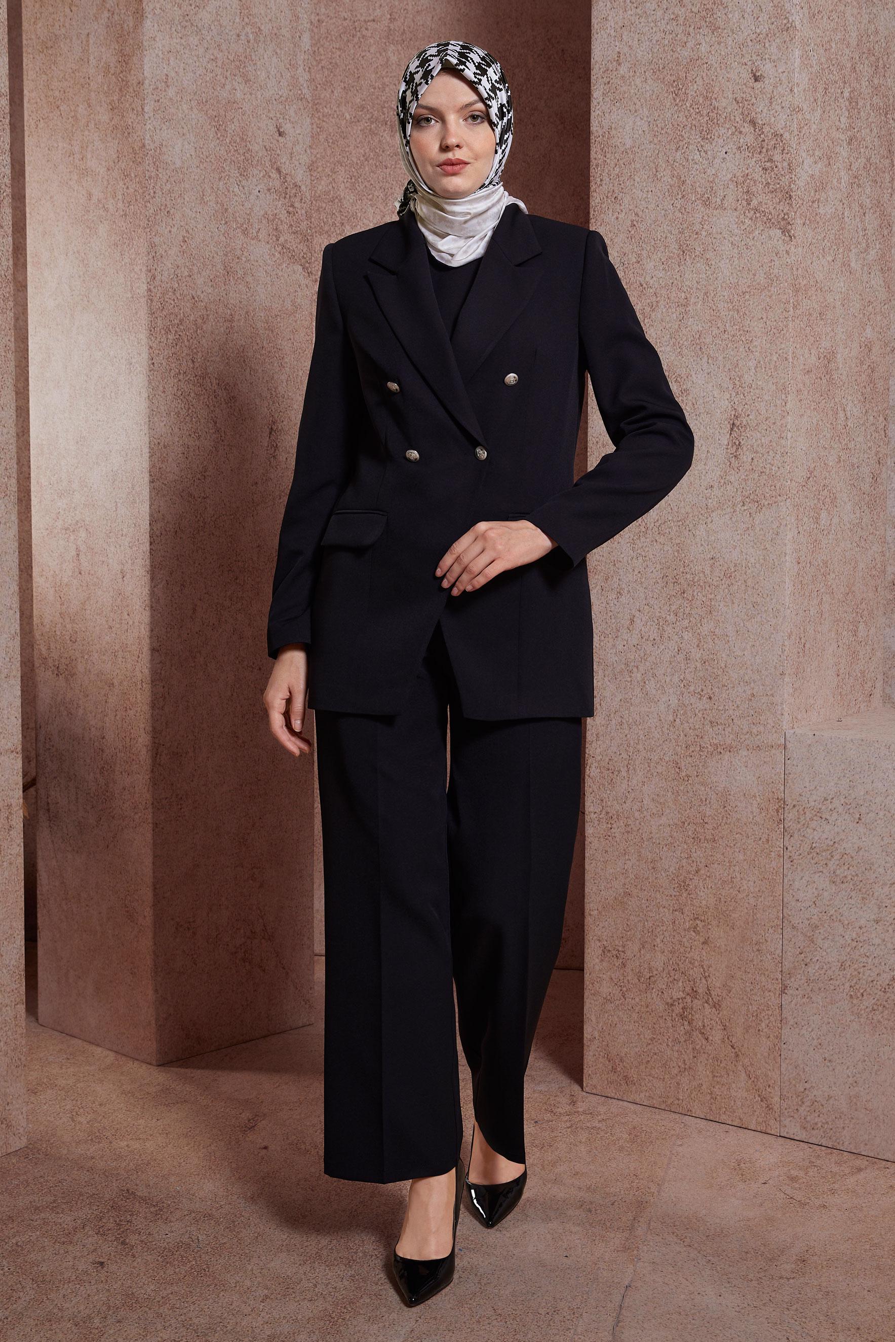 Tesettür giyim SİYAH KRUVAZE YAKA ÜÇLÜ PANTOLONLU TAKIM 30438