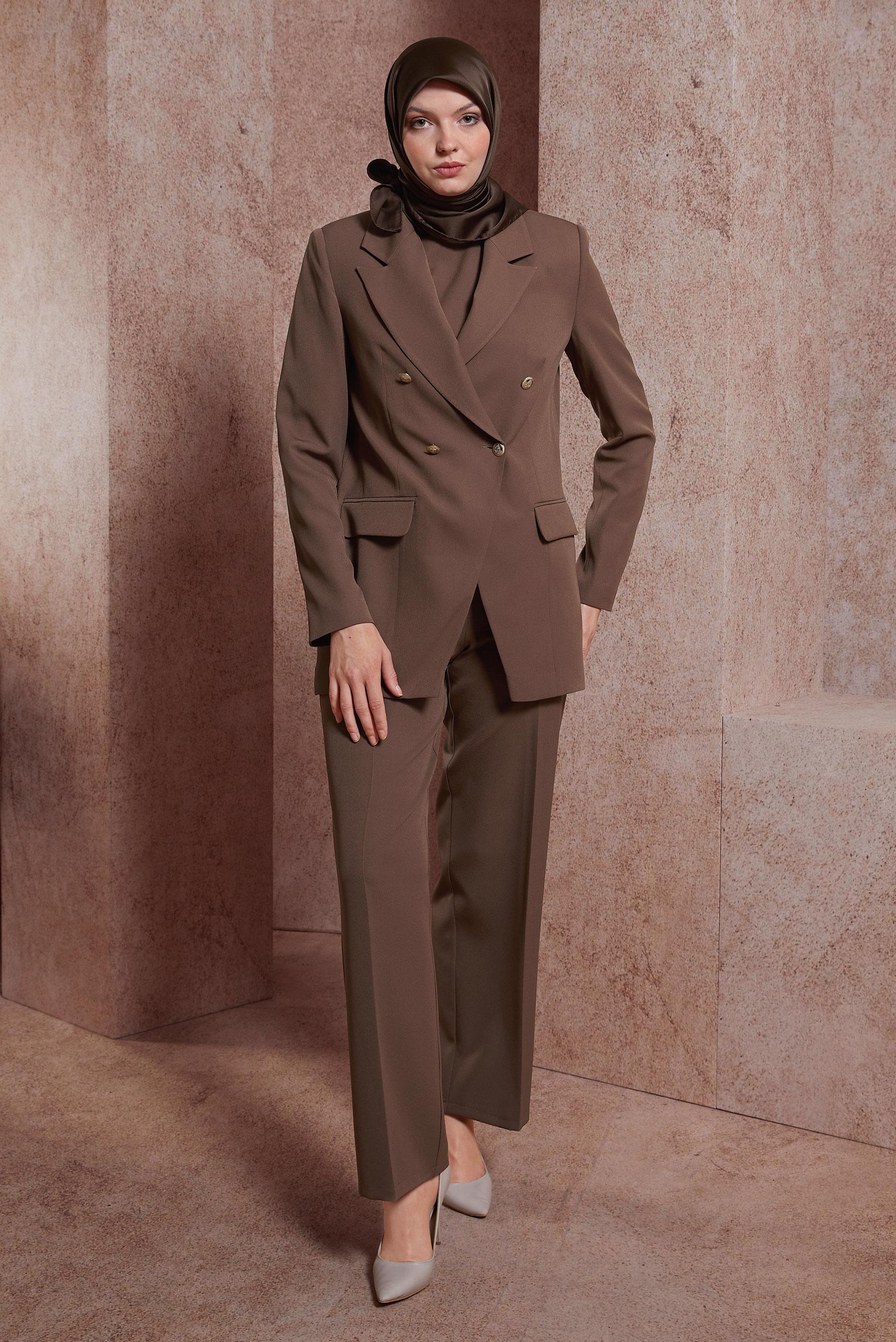 Tesettür giyim VİZON KRUVAZE YAKA ÜÇLÜ PANTOLONLU TAKIM 30438