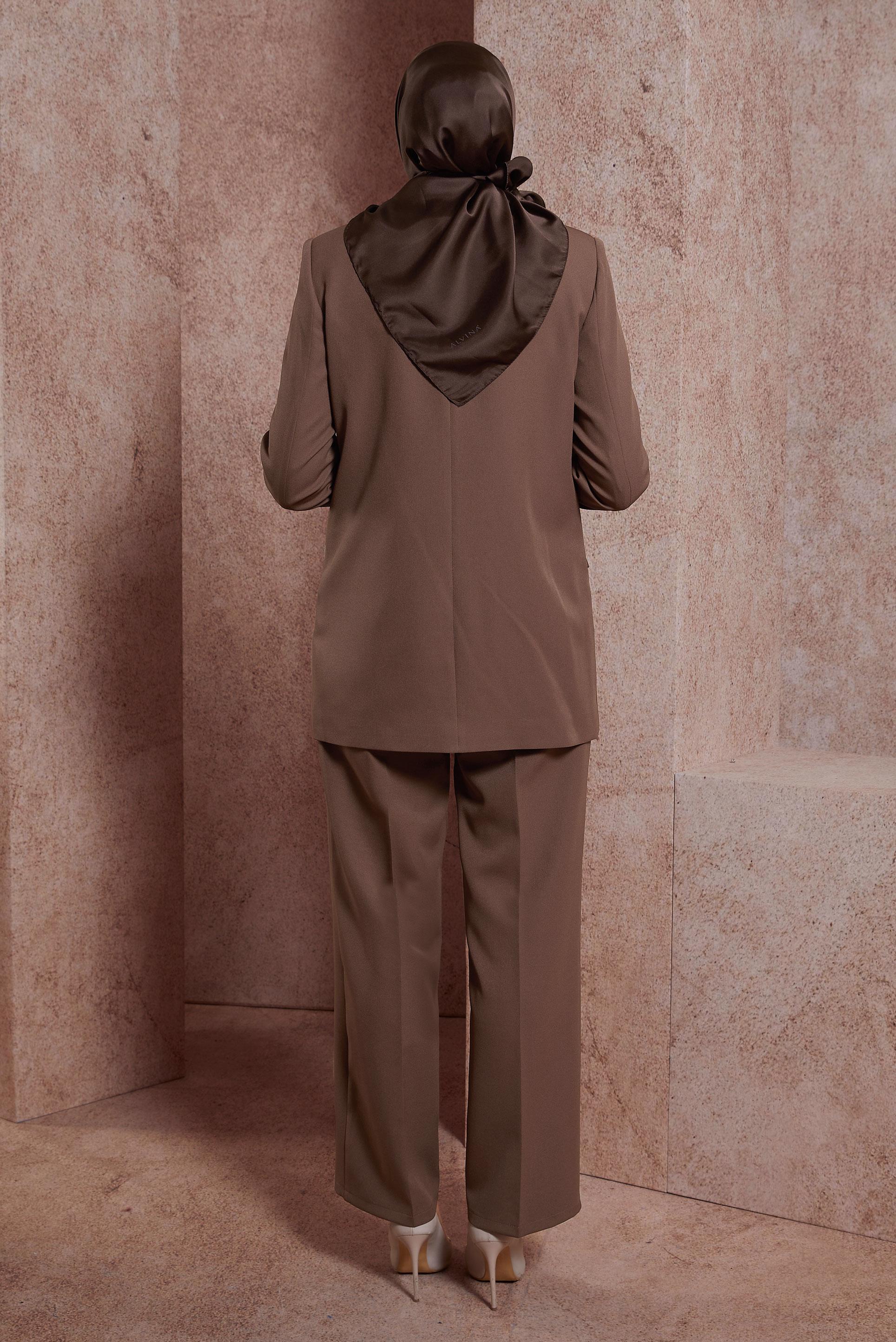 Tesettür giyim VİZON KRUVAZE YAKA ÜÇLÜ PANTOLONLU TAKIM 30438