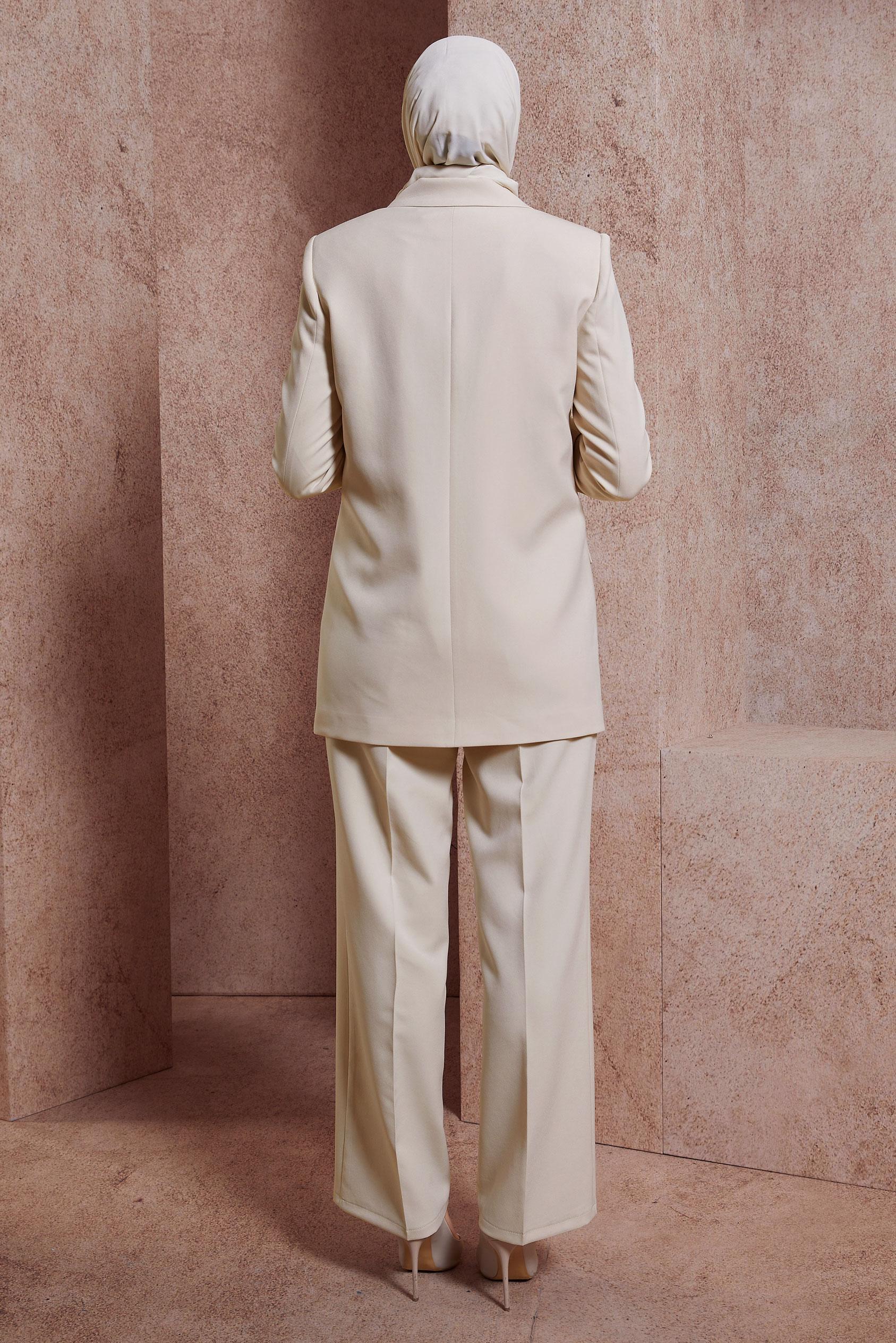 Tesettür giyim EKRU KRUVAZE YAKA ÜÇLÜ PANTOLONLU TAKIM 30438