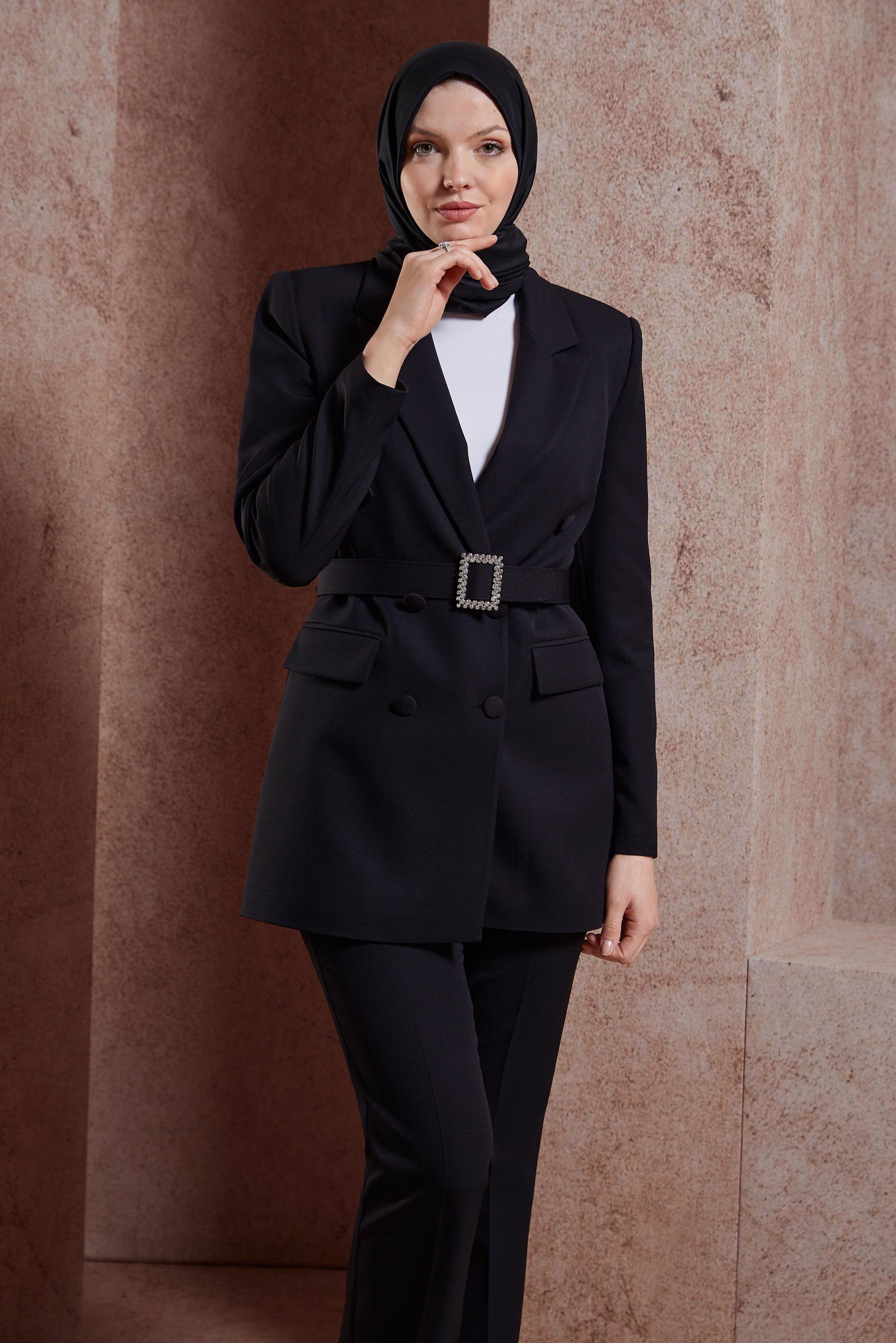 Tesettür giyim SİYAH KEMERLİ PANTOLONLU TAKIM 30439