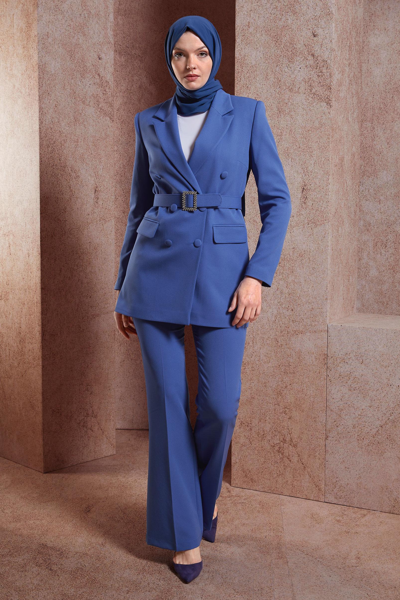 Tesettür giyim LACİVERT KEMERLİ PANTOLONLU TAKIM 30439