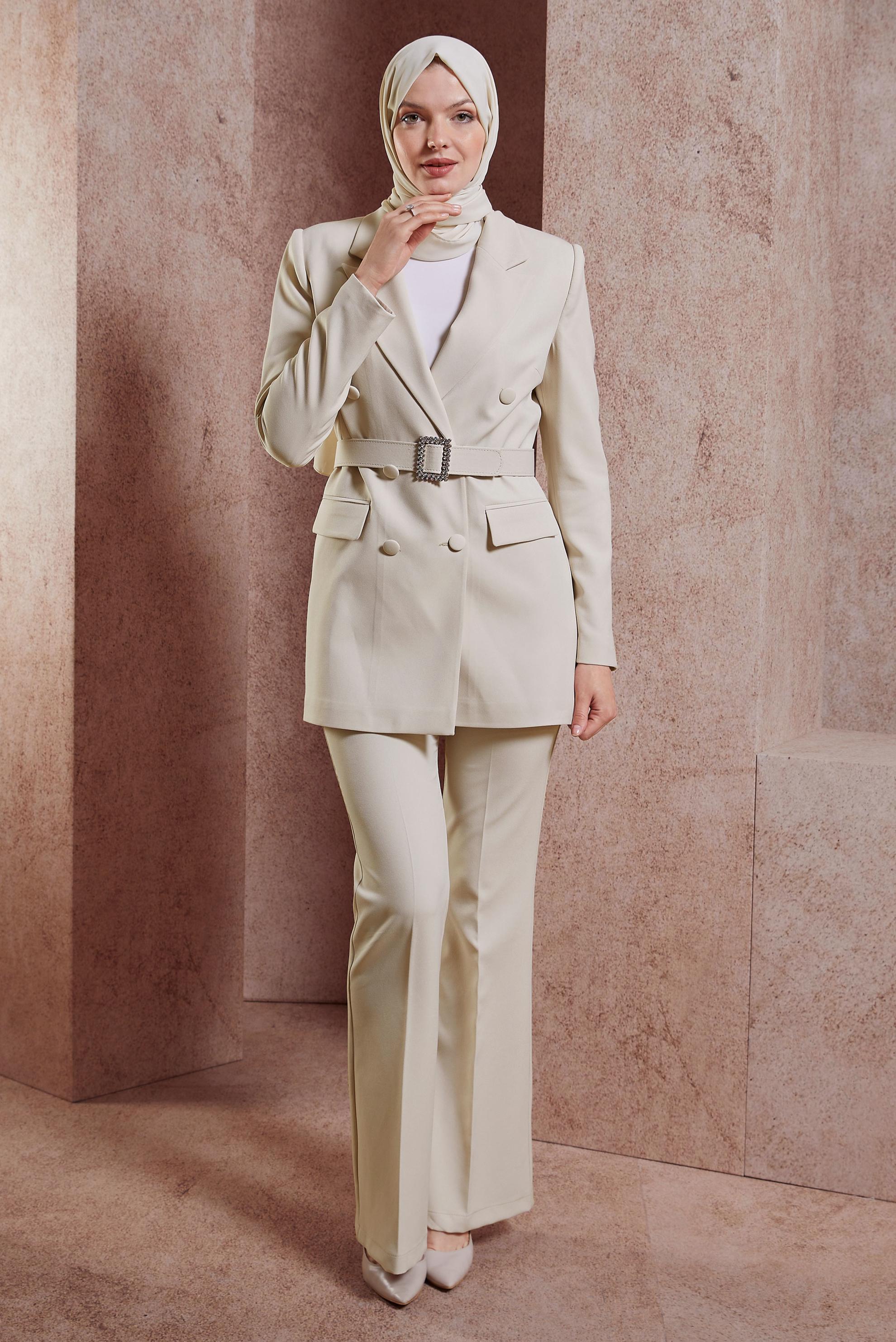 Tesettür giyim EKRU KEMERLİ PANTOLONLU TAKIM 30439