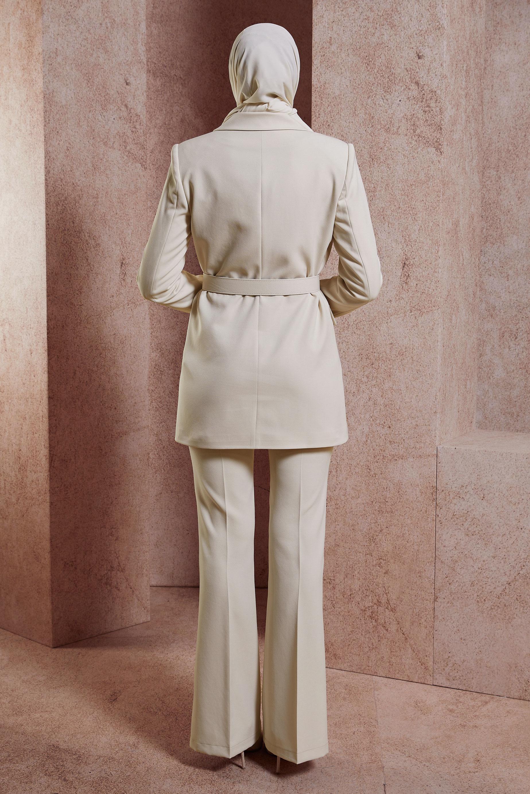 Tesettür giyim EKRU KEMERLİ PANTOLONLU TAKIM 30439