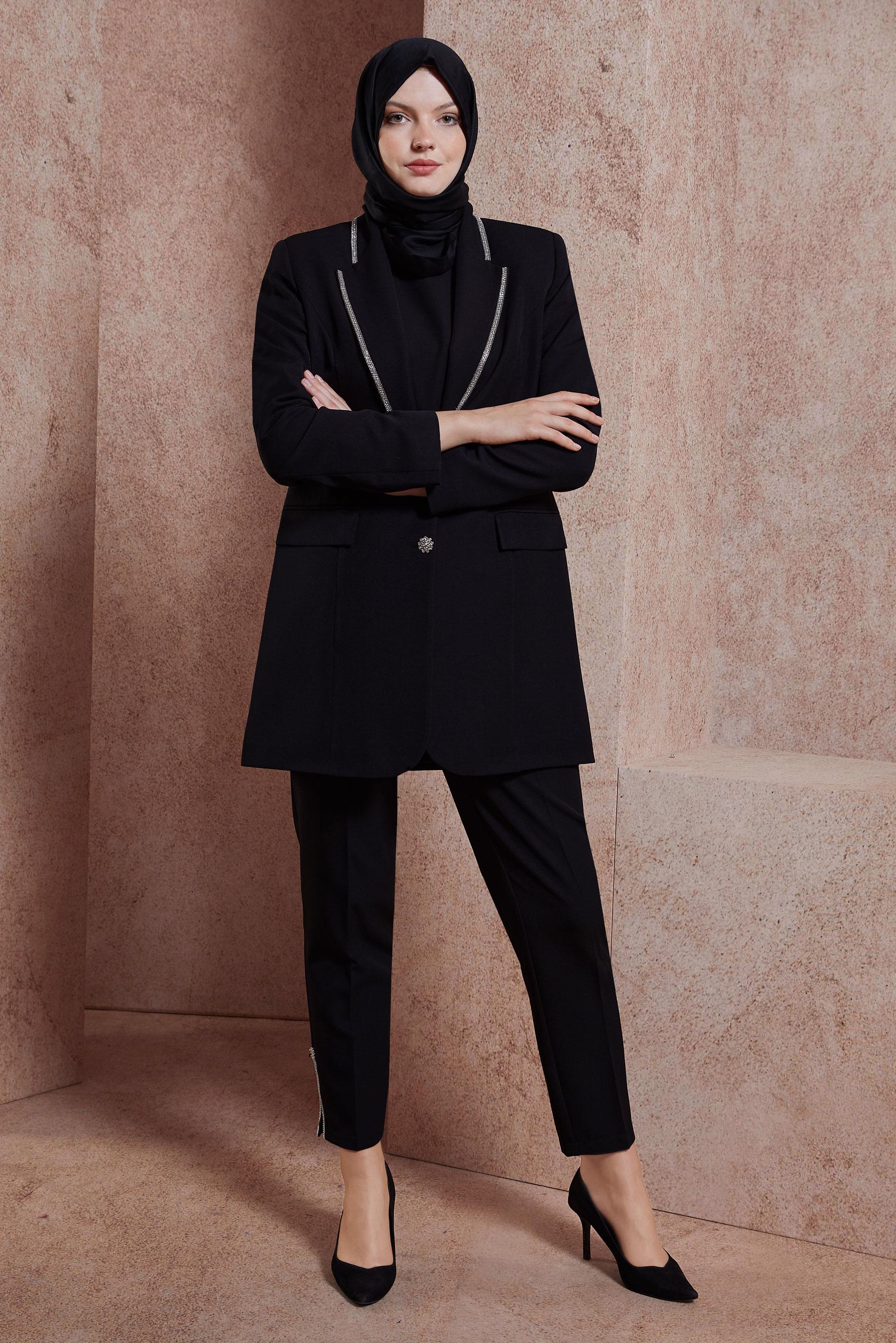 Tesettür giyim SİYAH ÜÇLÜ PANTOLONLU TAKIM 30440