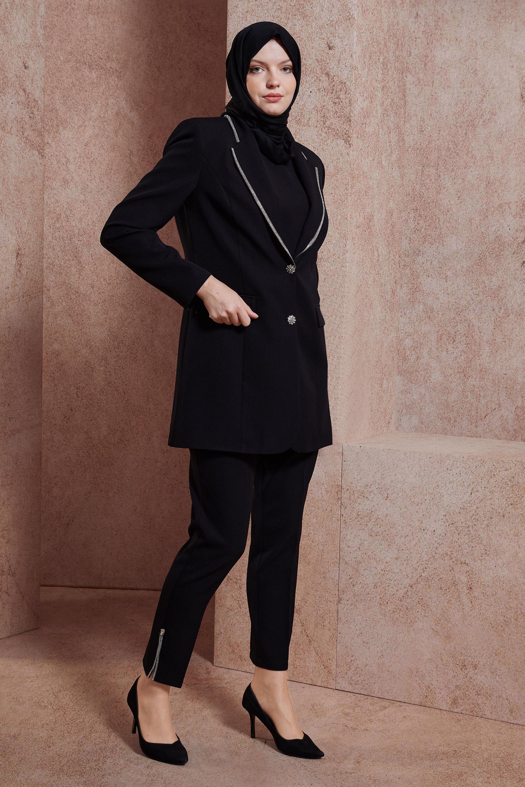 Tesettür giyim SİYAH ÜÇLÜ PANTOLONLU TAKIM 30440