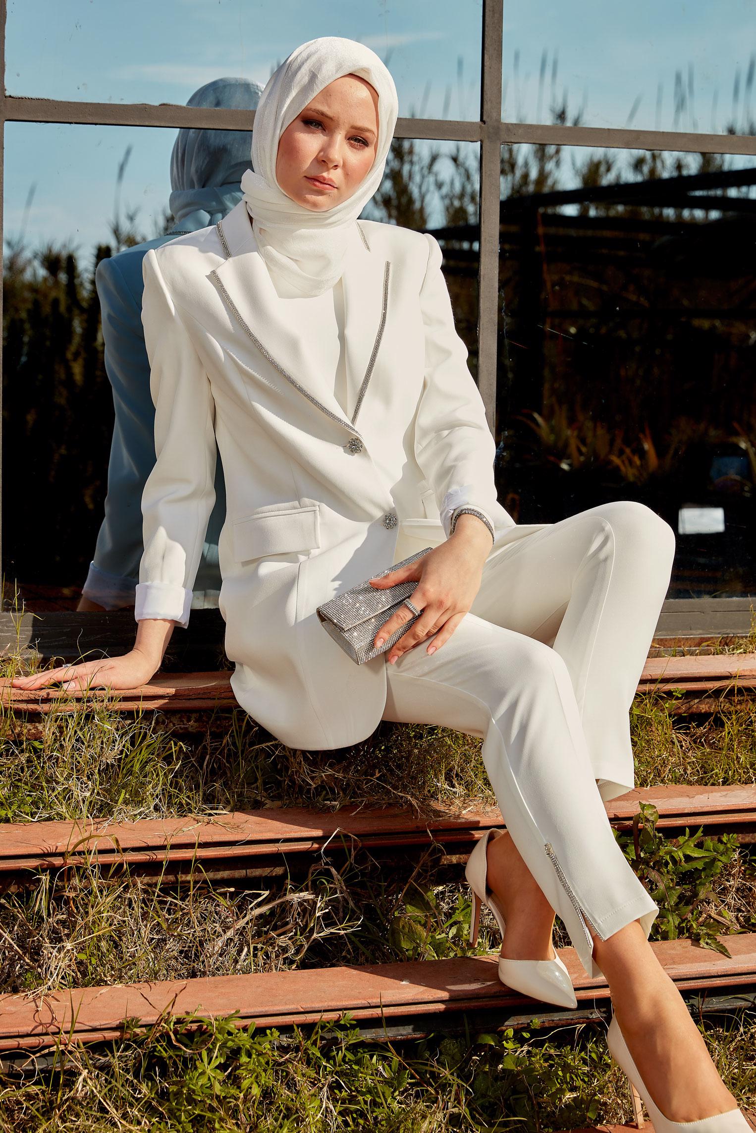 Tesettür giyim BEYAZ ÜÇLÜ PANTOLONLU TAKIM 30440