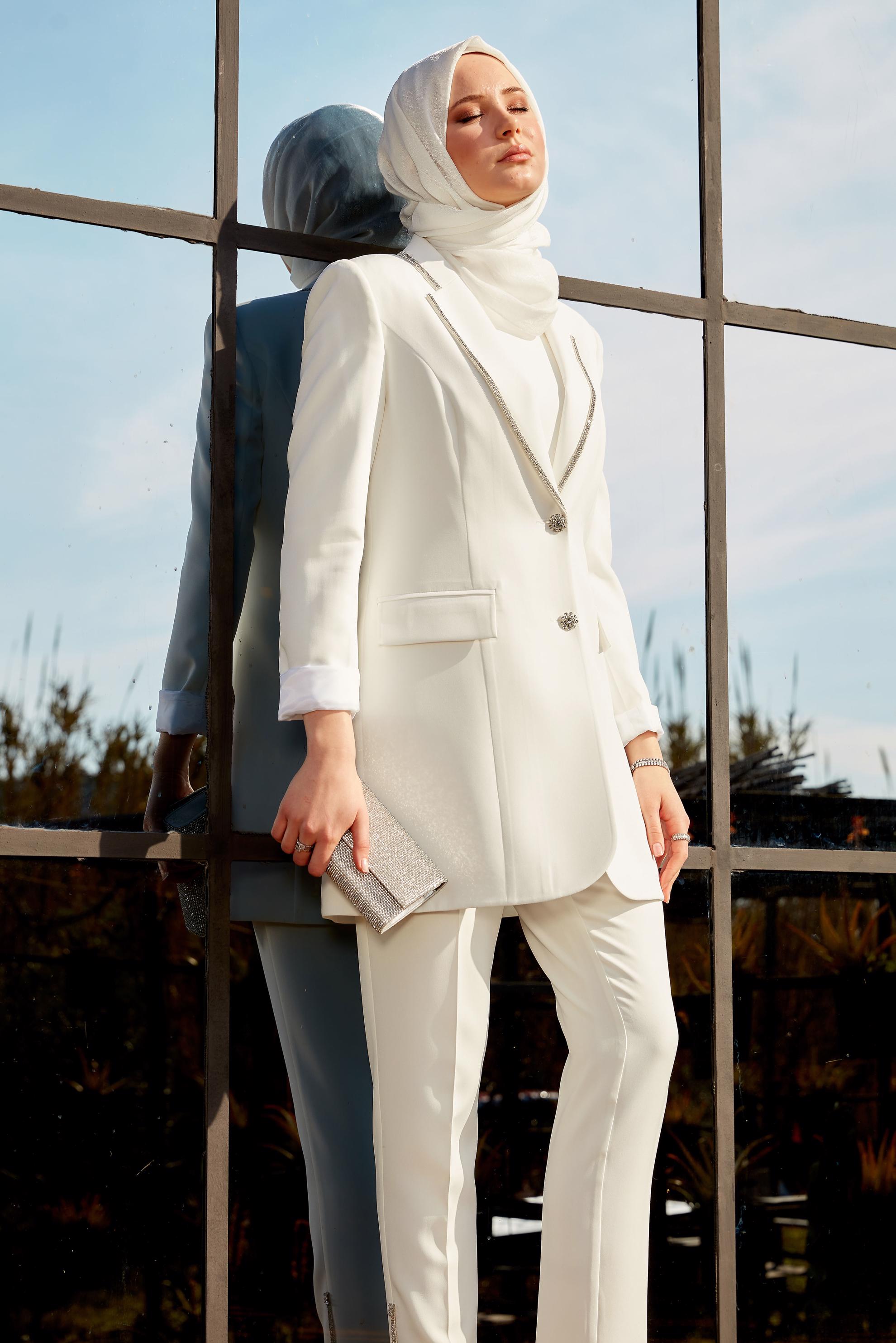 Tesettür giyim BEYAZ ÜÇLÜ PANTOLONLU TAKIM 30440
