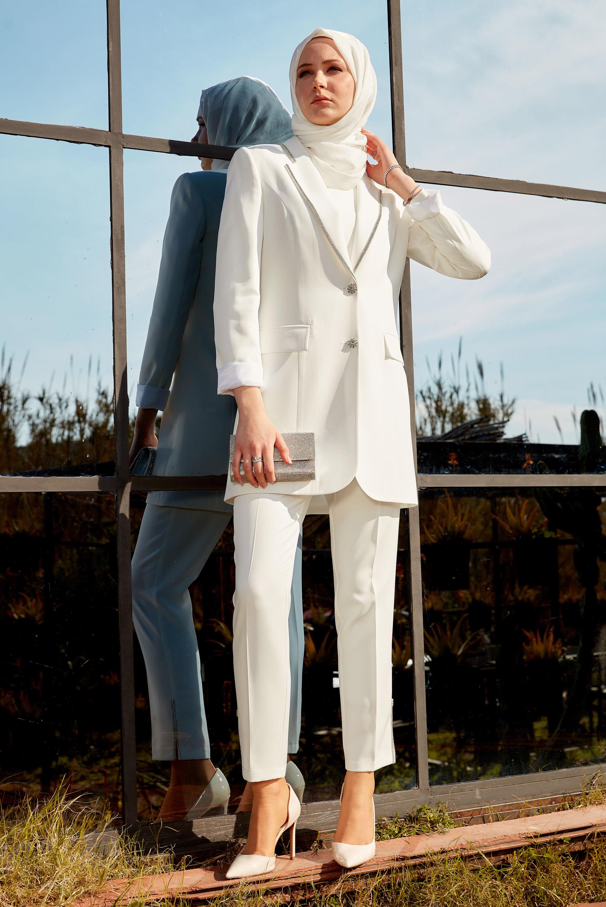 Tesettür giyim BEYAZ ÜÇLÜ PANTOLONLU TAKIM 30440