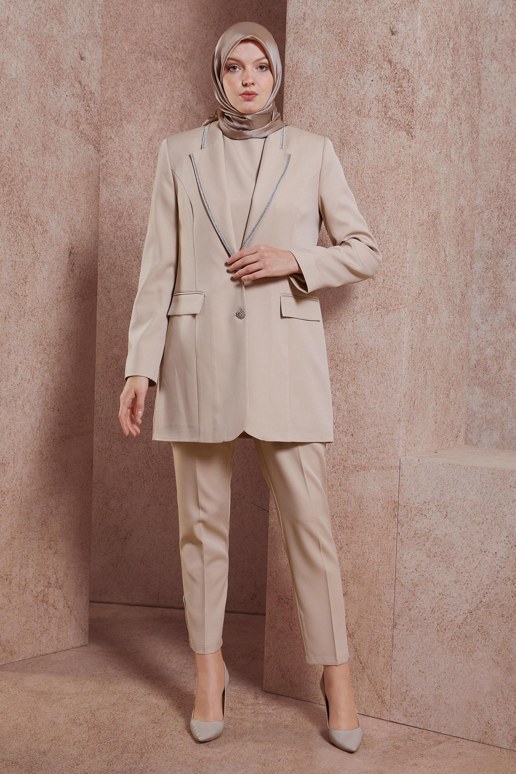 Tesettür giyim KUM ÜÇLÜ PANTOLONLU TAKIM 30440