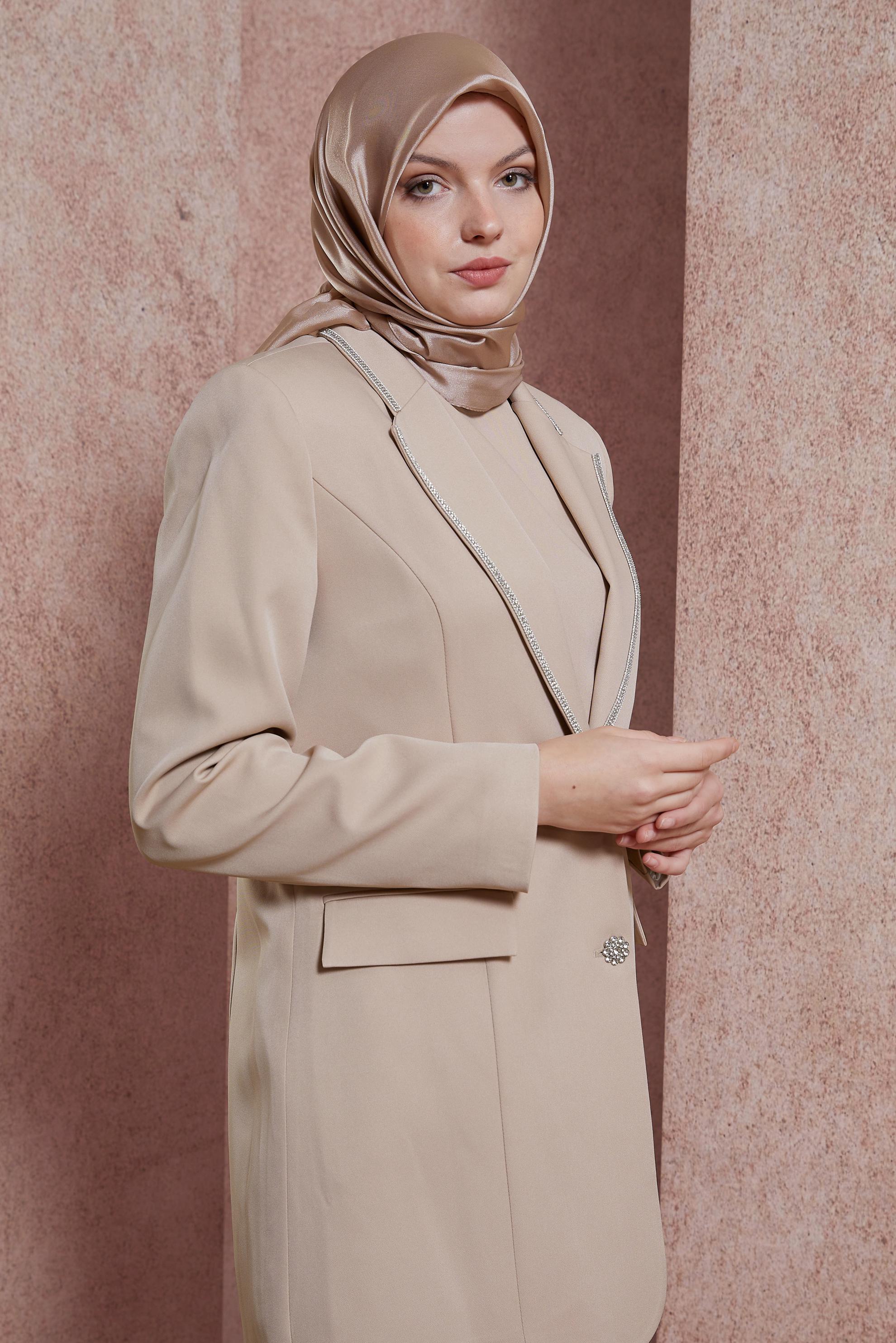 Tesettür giyim KUM ÜÇLÜ PANTOLONLU TAKIM 30440