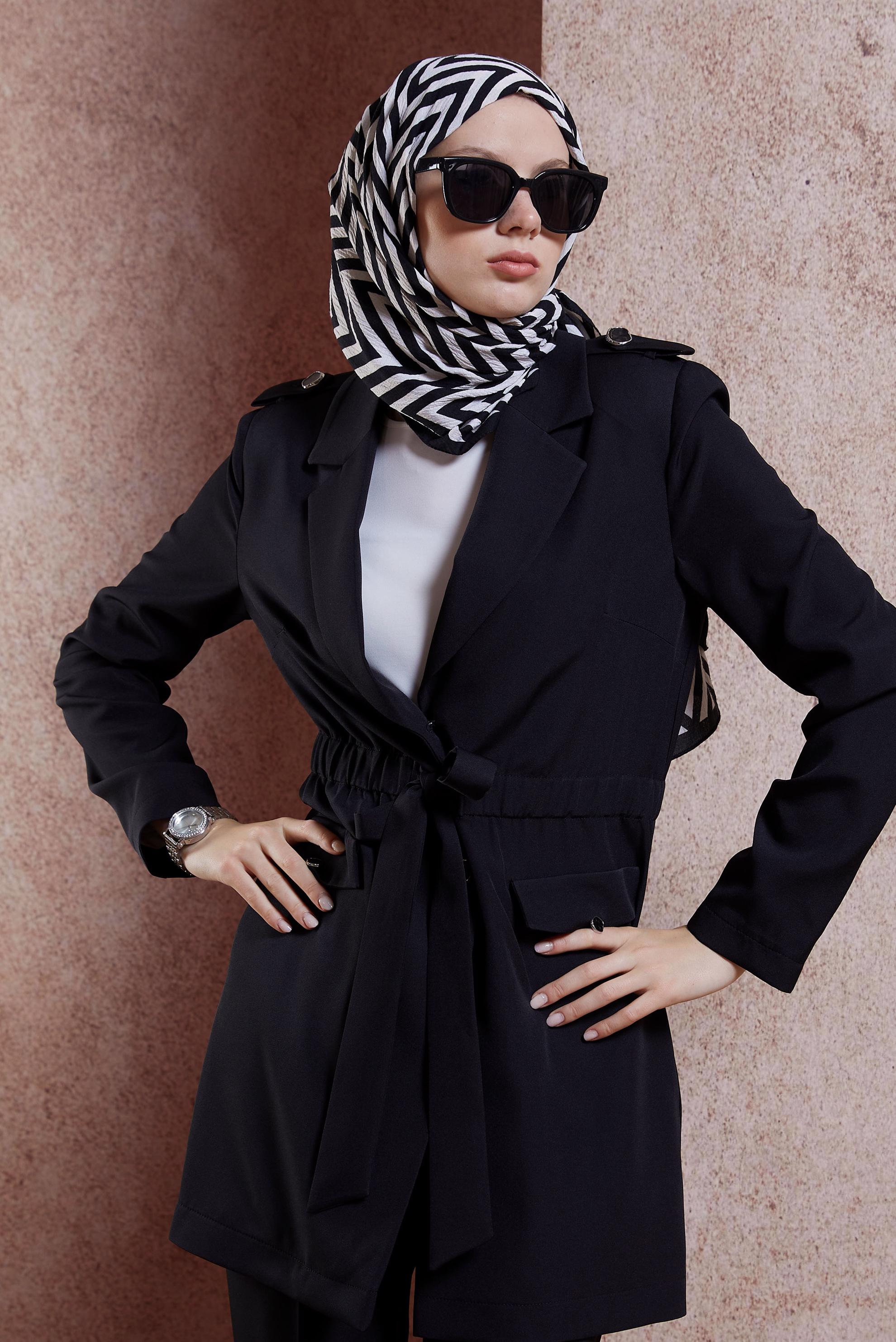 Tesettür giyim SİYAH BAĞLAMA DETAYLI PANTOLONLU TAKIM 30441