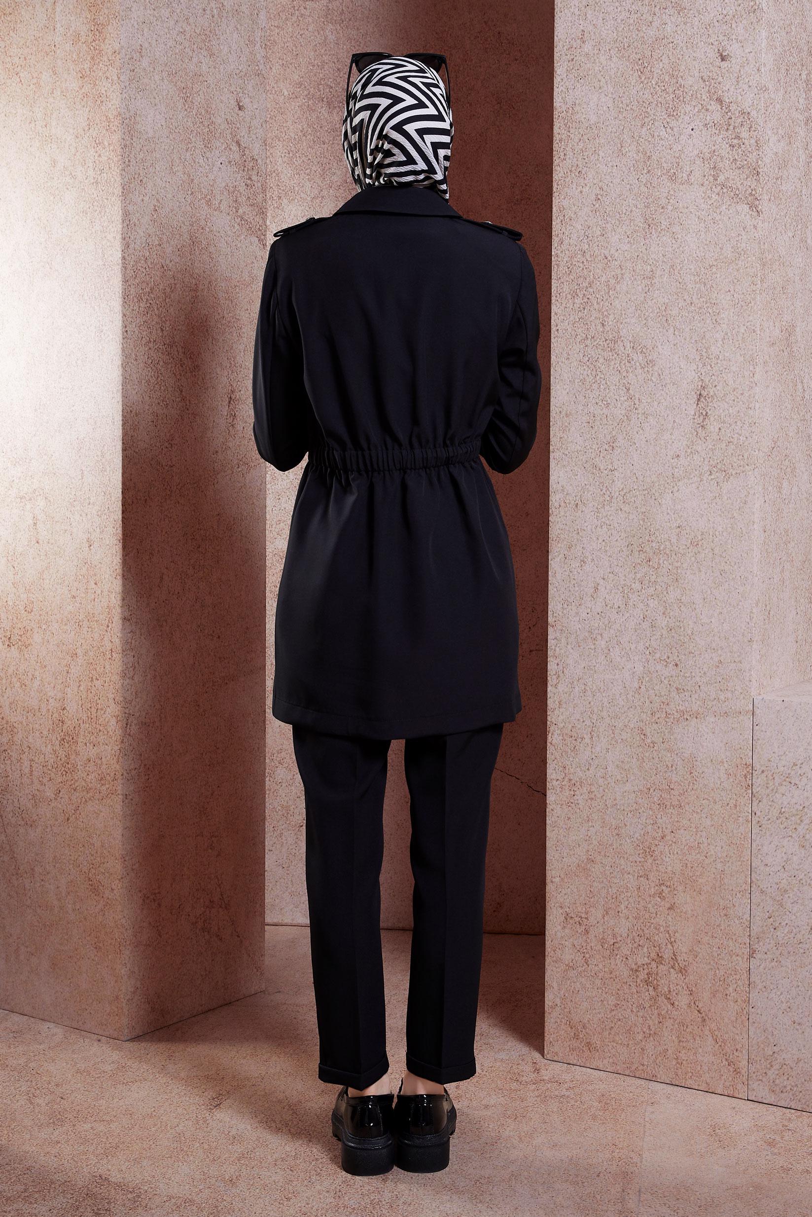 Tesettür giyim SİYAH BAĞLAMA DETAYLI PANTOLONLU TAKIM 30441