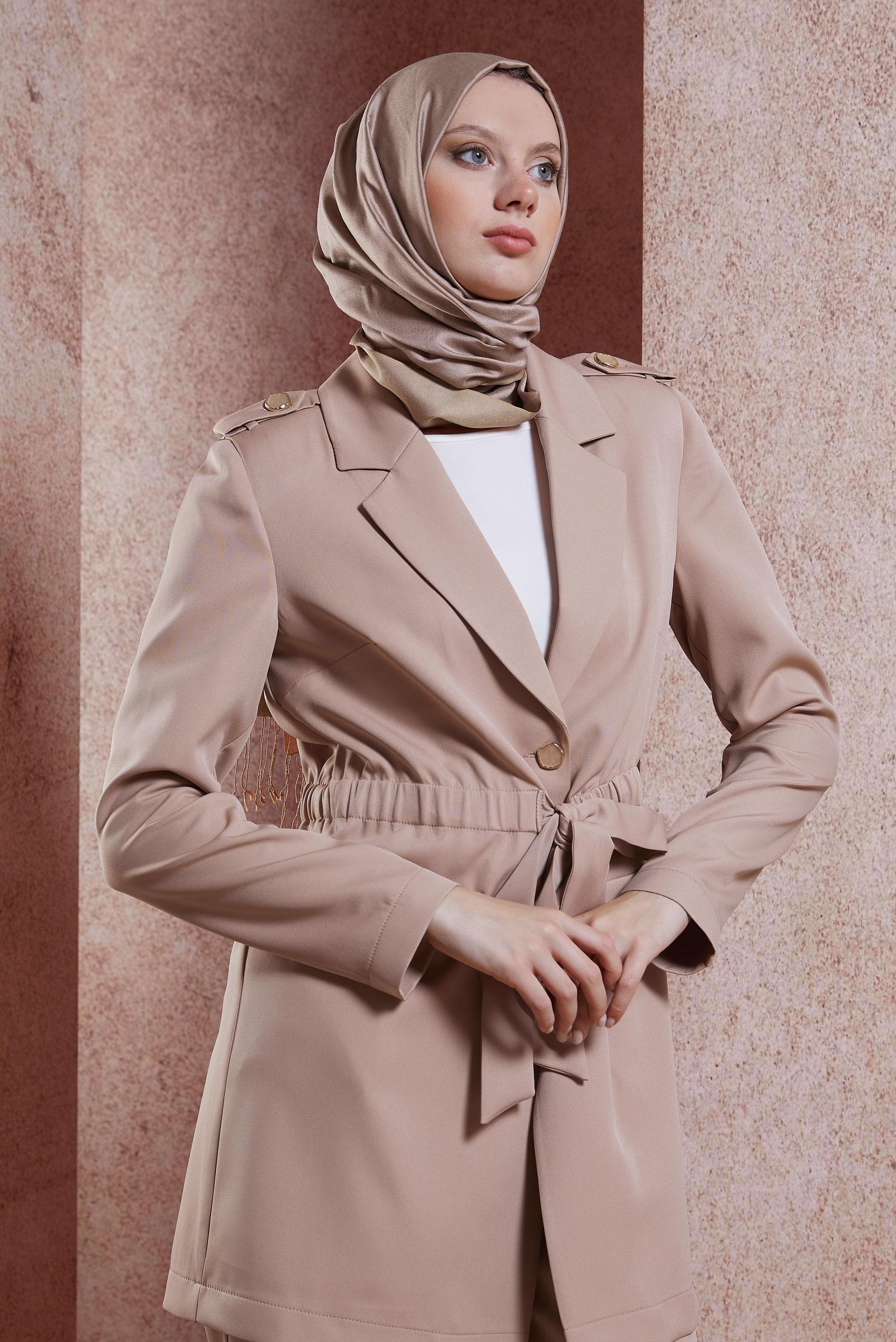 Tesettür giyim KAHVE BAĞLAMA DETAYLI PANTOLONLU TAKIM 30441