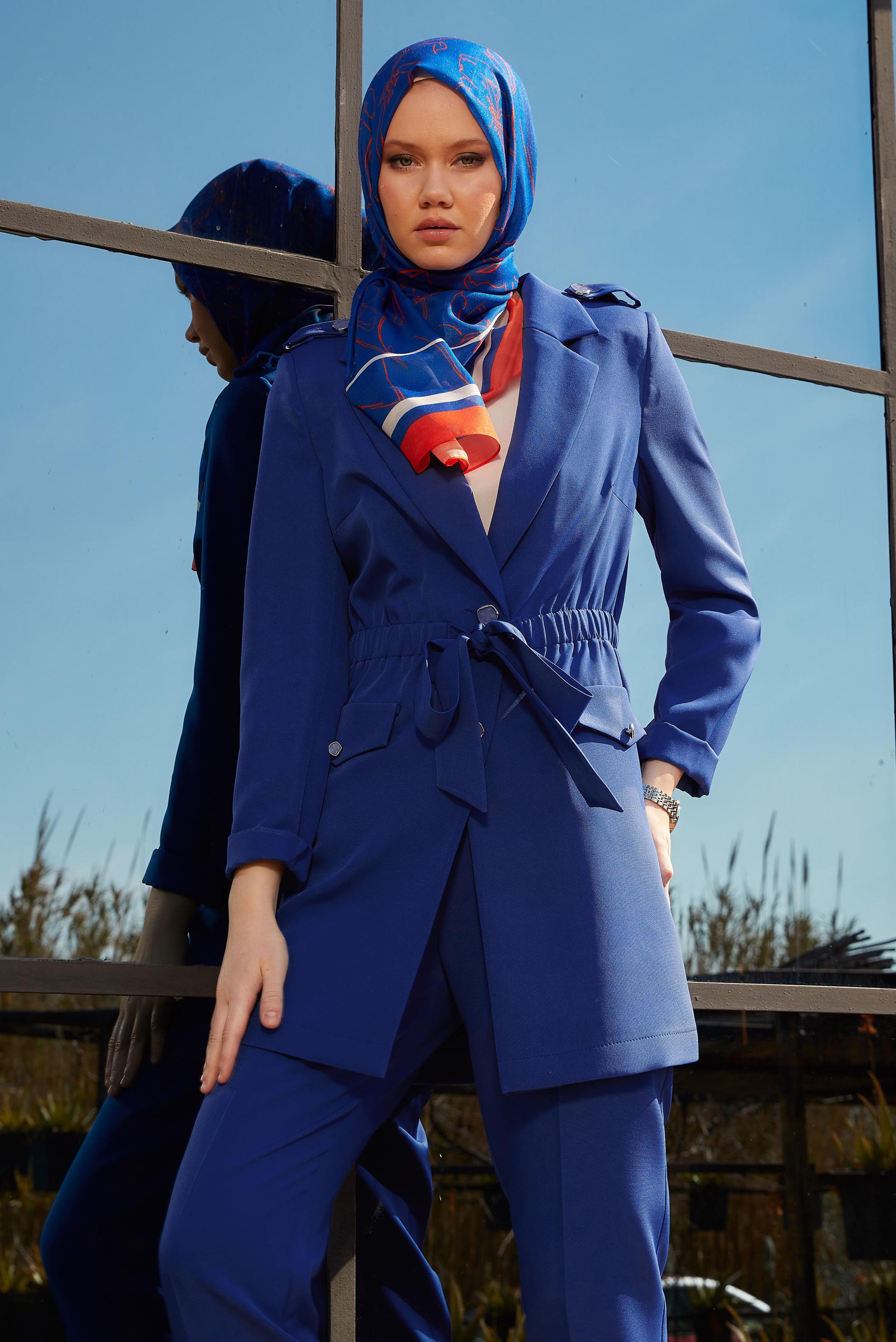 Tesettür giyim MAVİ BAĞLAMA DETAYLI PANTOLONLU TAKIM 30441