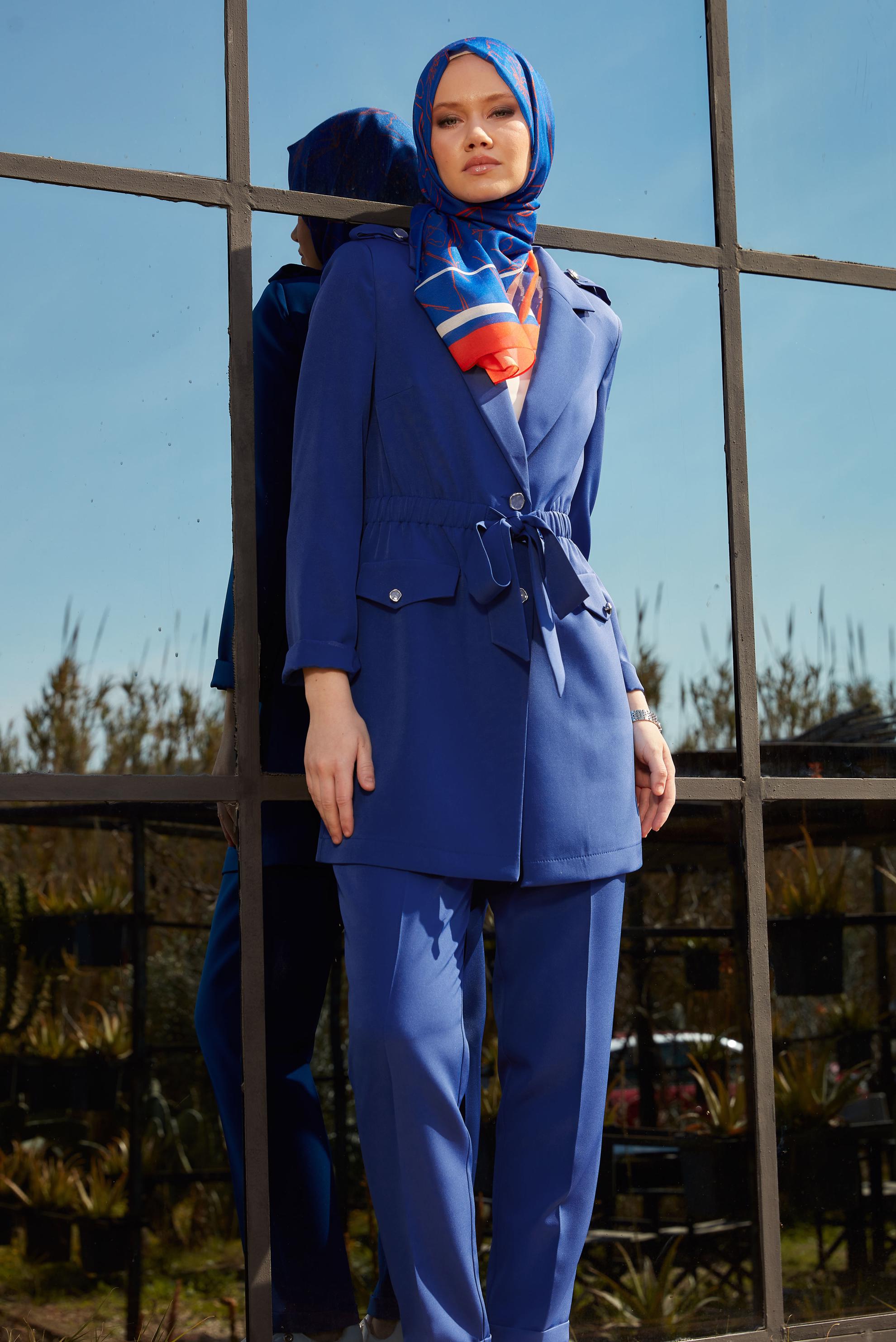 Tesettür giyim MAVİ BAĞLAMA DETAYLI PANTOLONLU TAKIM 30441