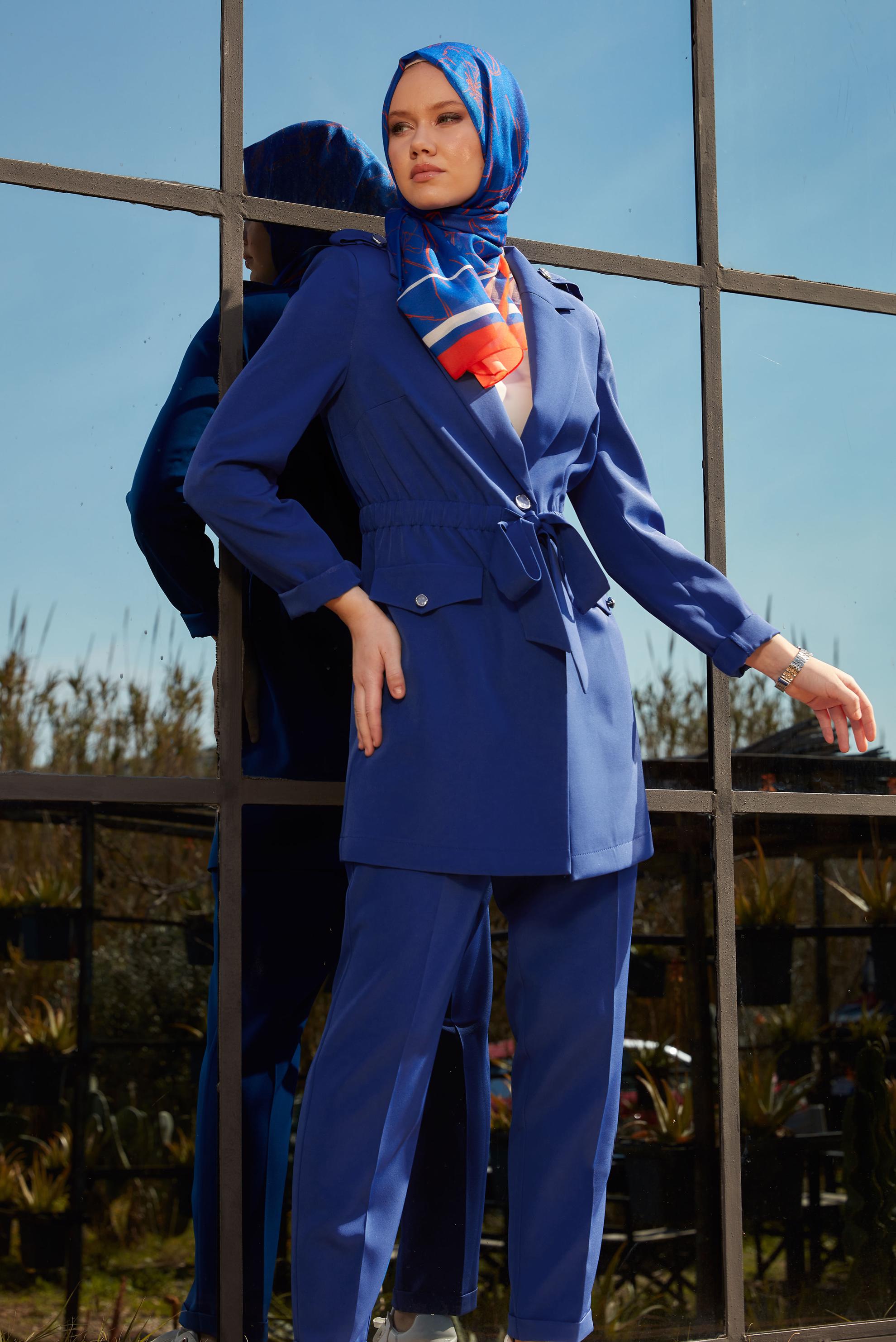 Tesettür giyim MAVİ BAĞLAMA DETAYLI PANTOLONLU TAKIM 30441