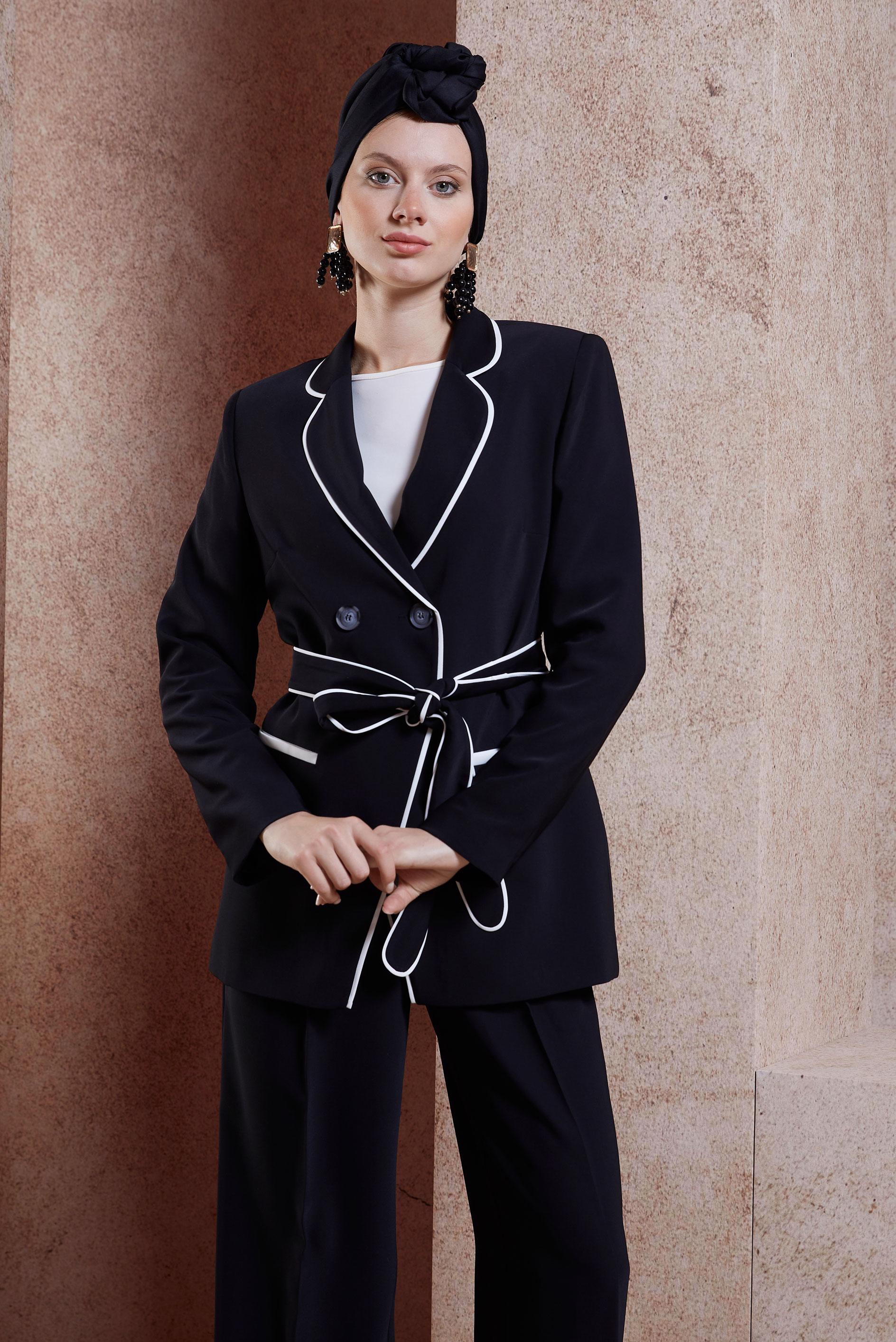 Tesettür giyim SİYAH KUŞAKLI PANTOLONLU TAKIM 30443