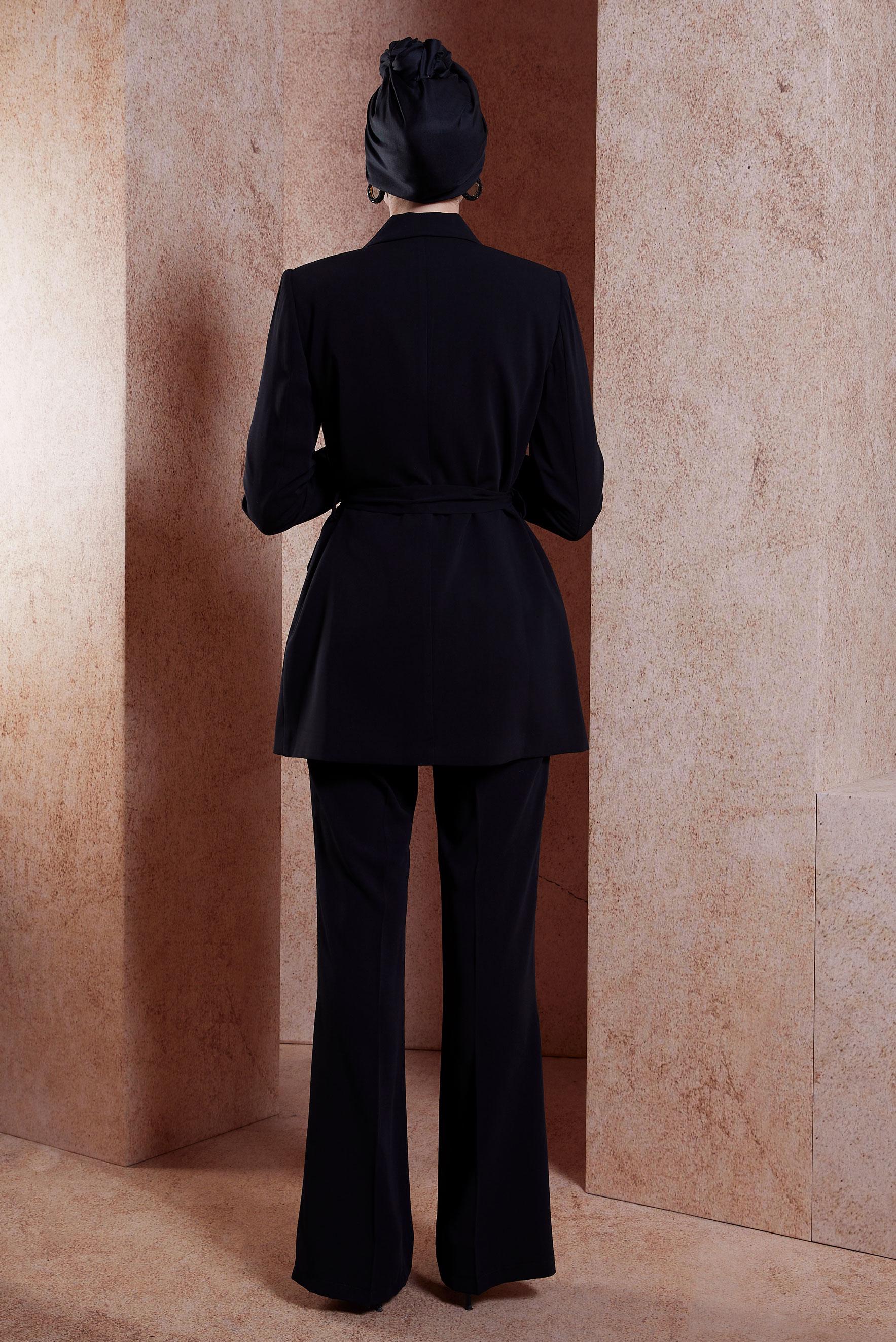 Tesettür giyim SİYAH BROŞ DETAYLI PANTOLONLU TAKIM 30444