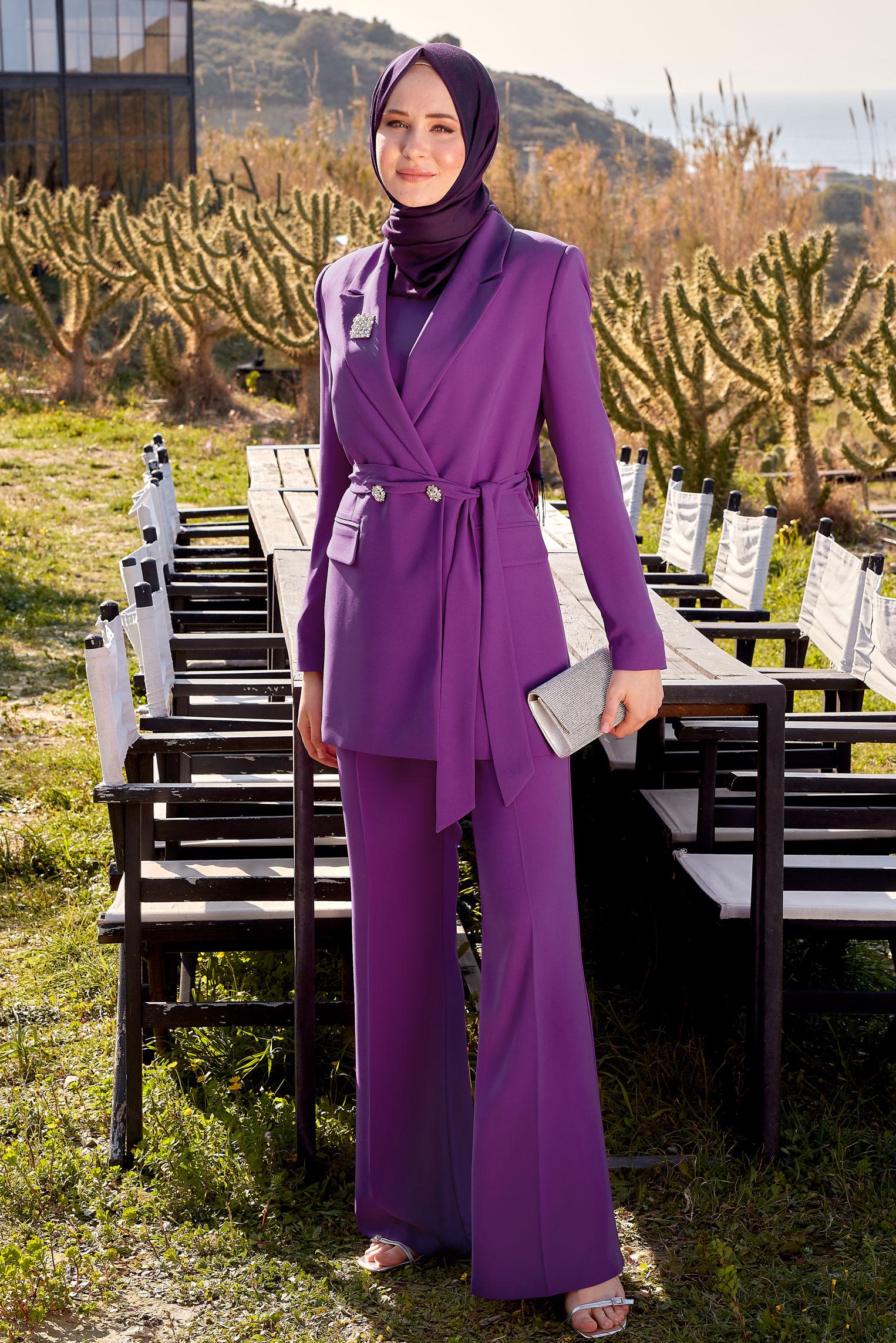 Tesettür giyim MOR BROŞ DETAYLI PANTOLONLU TAKIM 30444