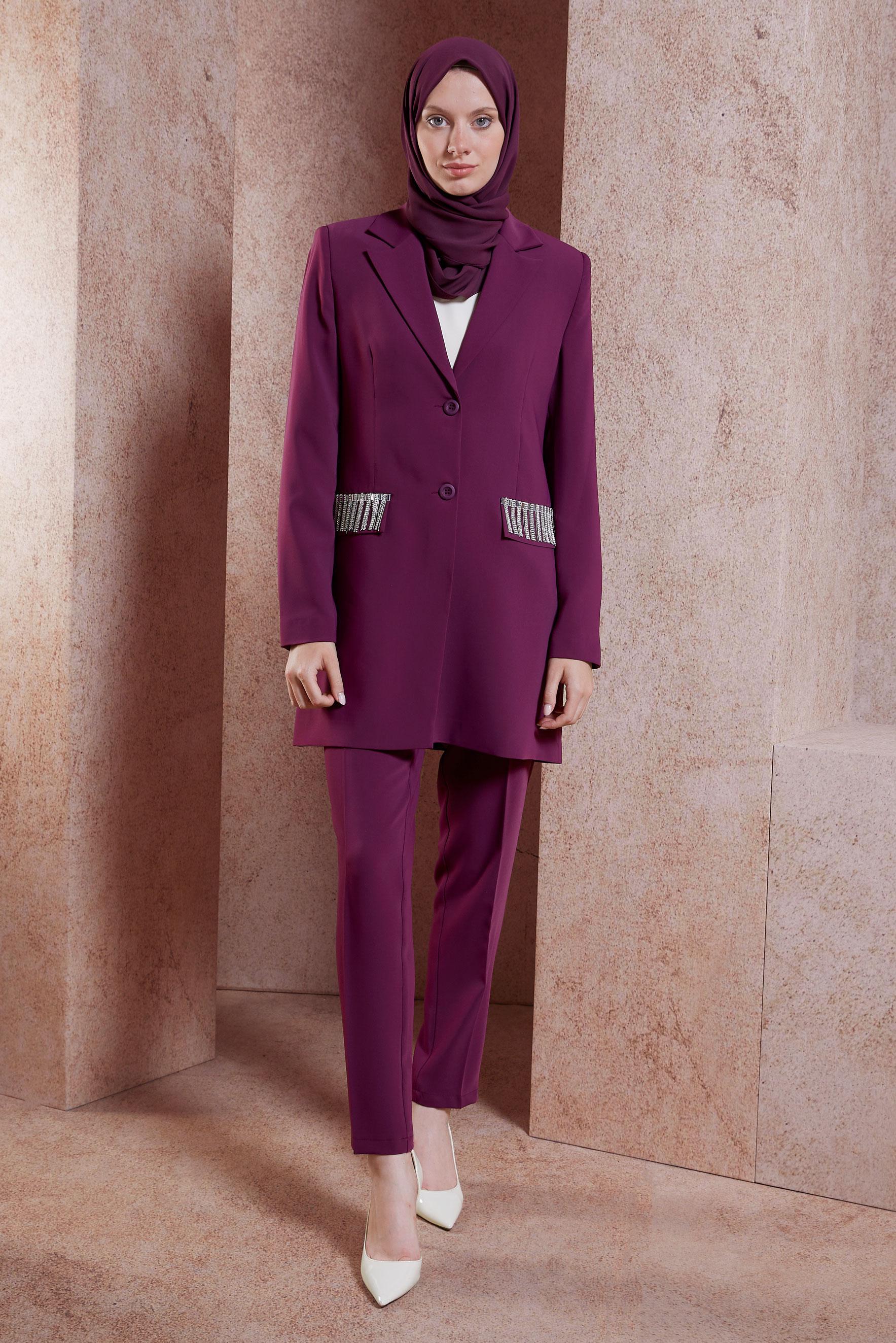 Tesettür giyim MOR TAŞ DETAYLI PANTOLONLU TAKIM 30449