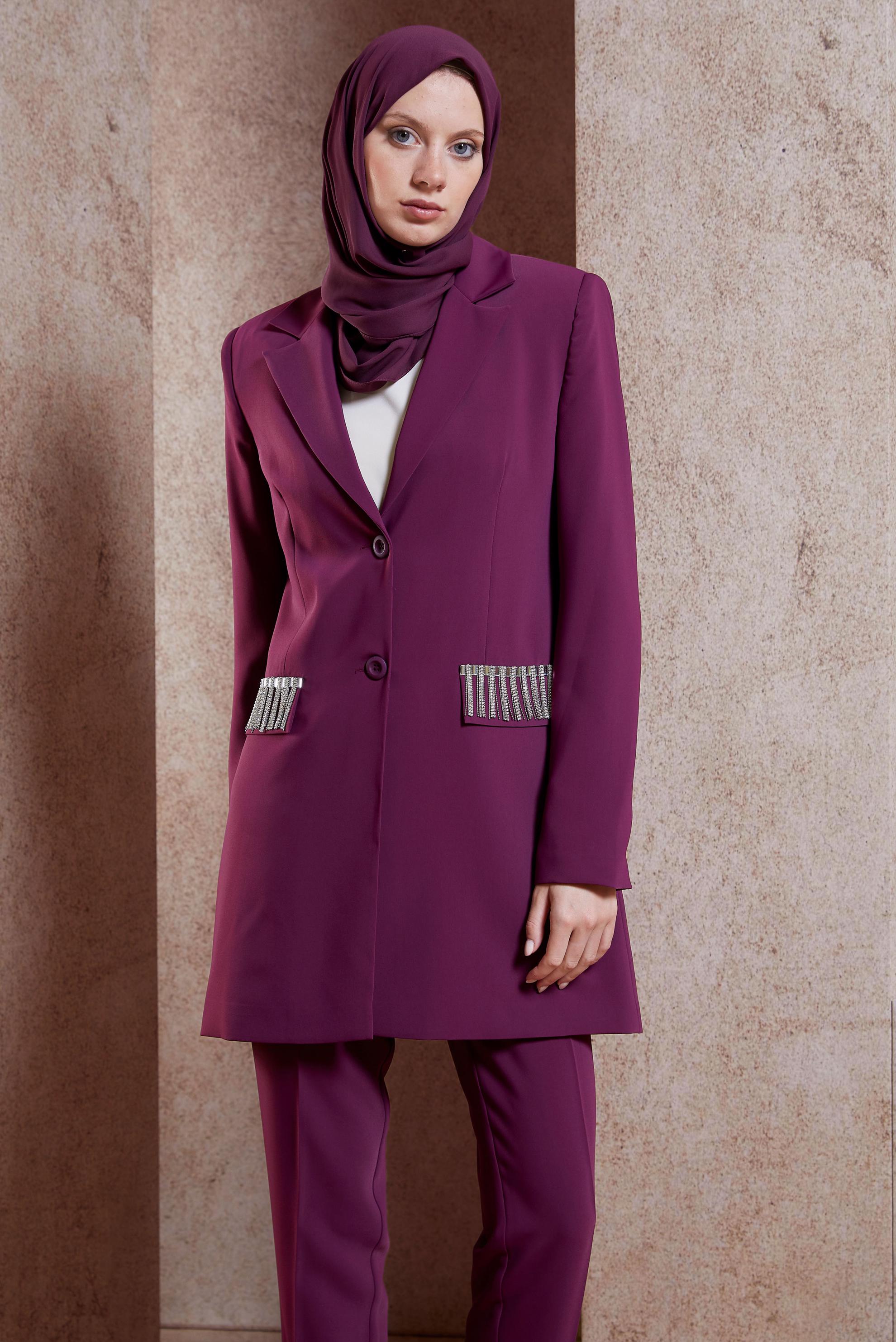 Tesettür giyim MOR TAŞ DETAYLI PANTOLONLU TAKIM 30449