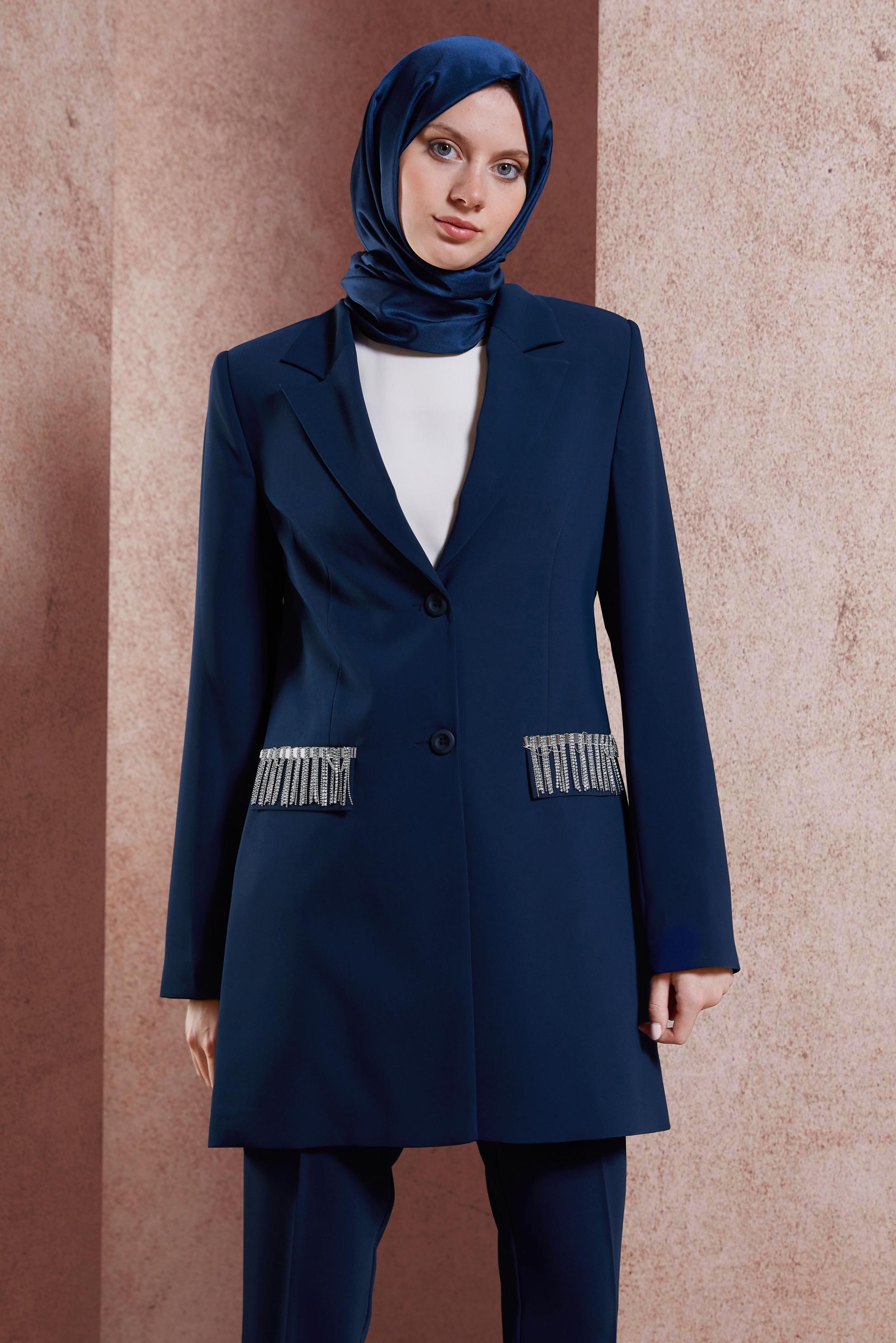 Vêtements hijab BLEU MARINE PANTALON DE COSTUME AVEC BIJOU 30449