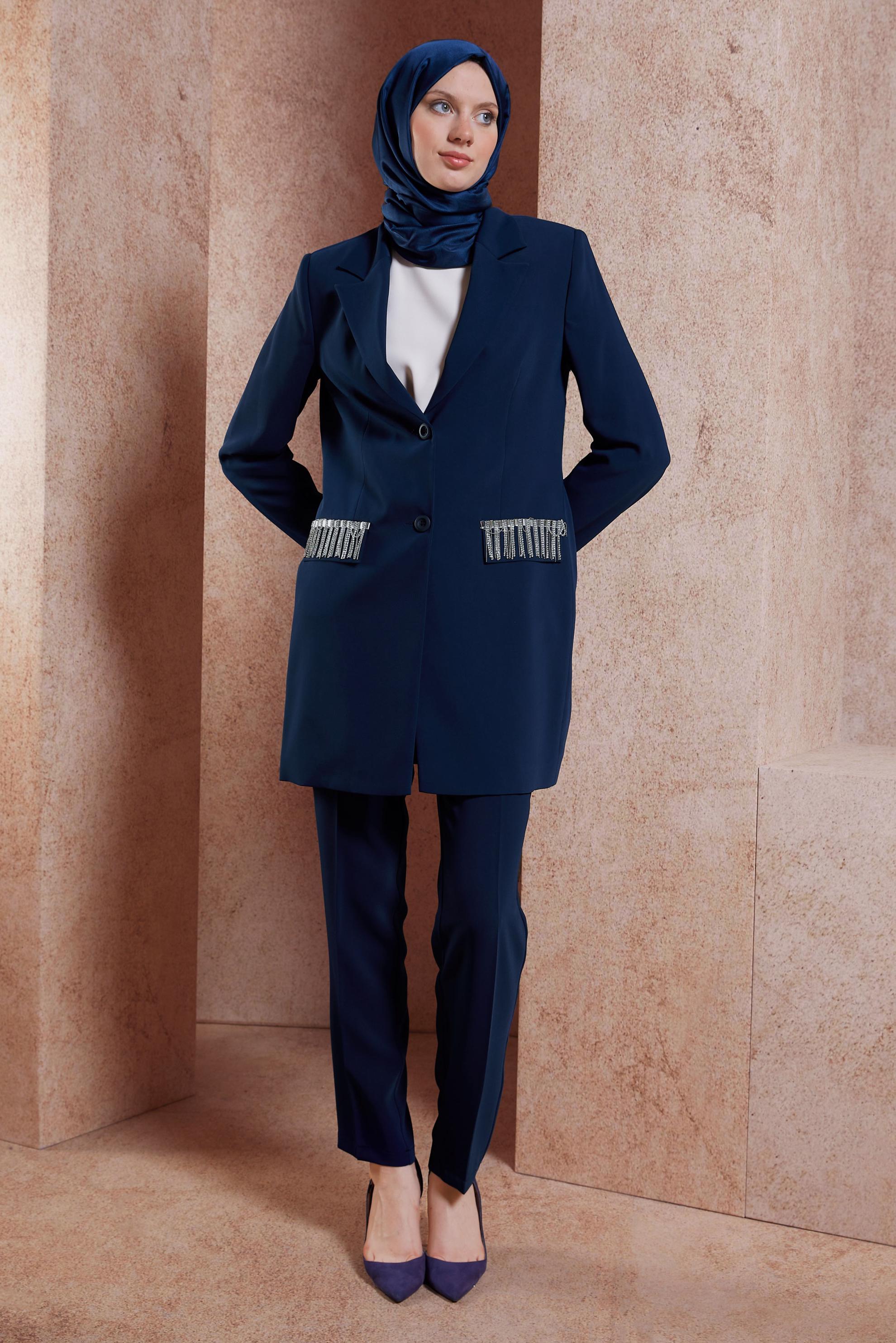 Vêtements hijab BLEU MARINE PANTALON DE COSTUME AVEC BIJOU 30449