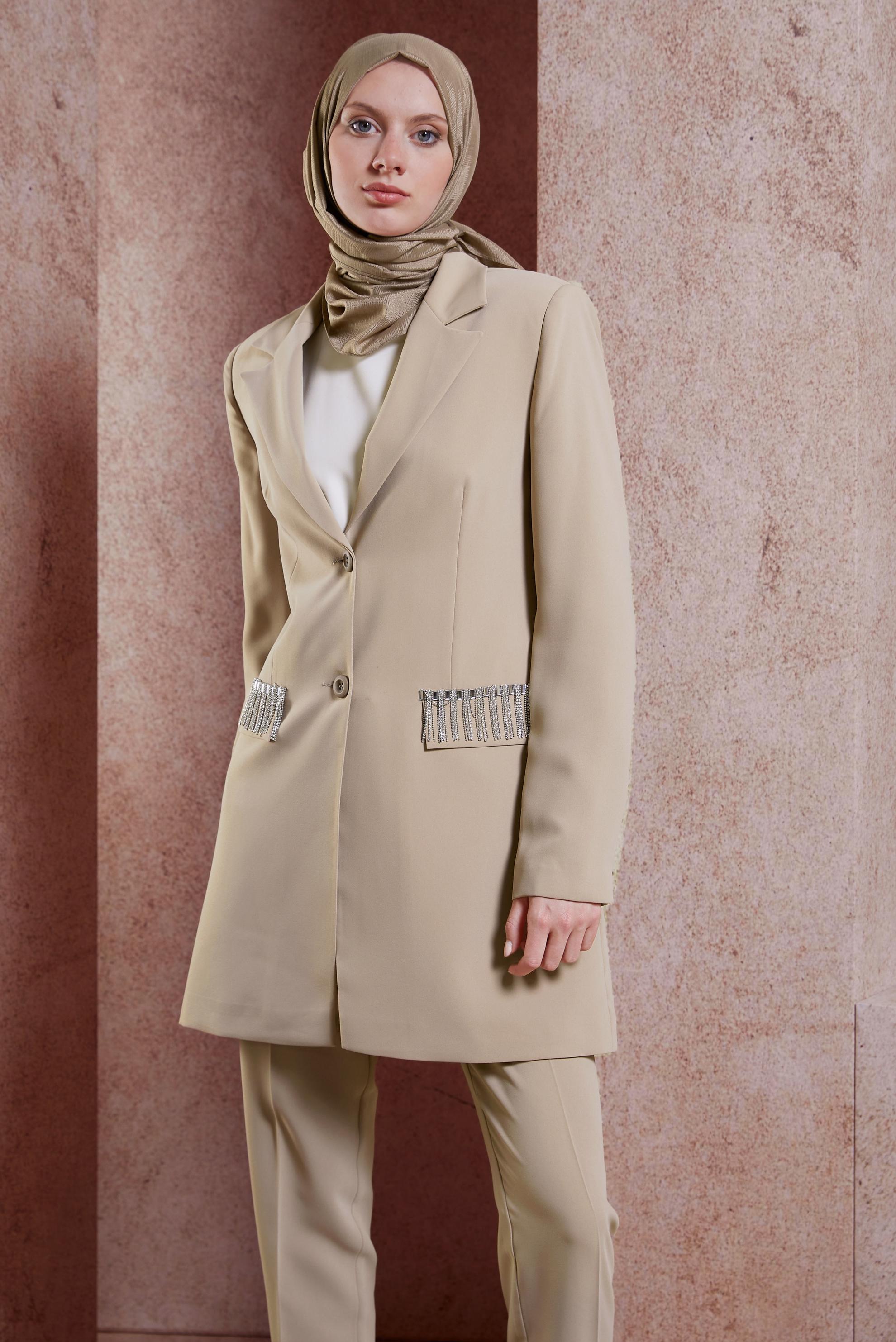 Tesettür giyim VİZON TAŞ DETAYLI PANTOLONLU TAKIM 30449