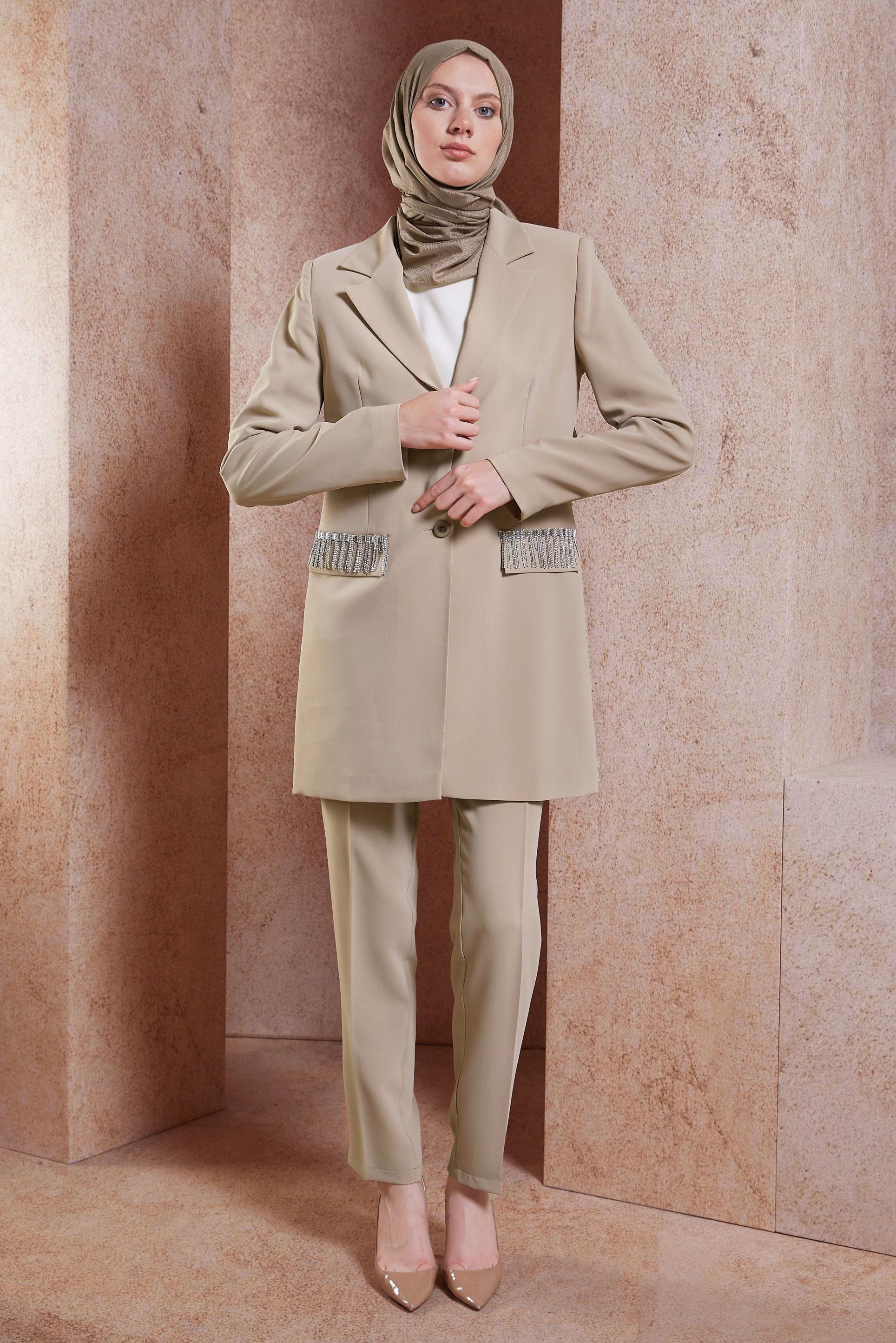 Tesettür giyim VİZON TAŞ DETAYLI PANTOLONLU TAKIM 30449