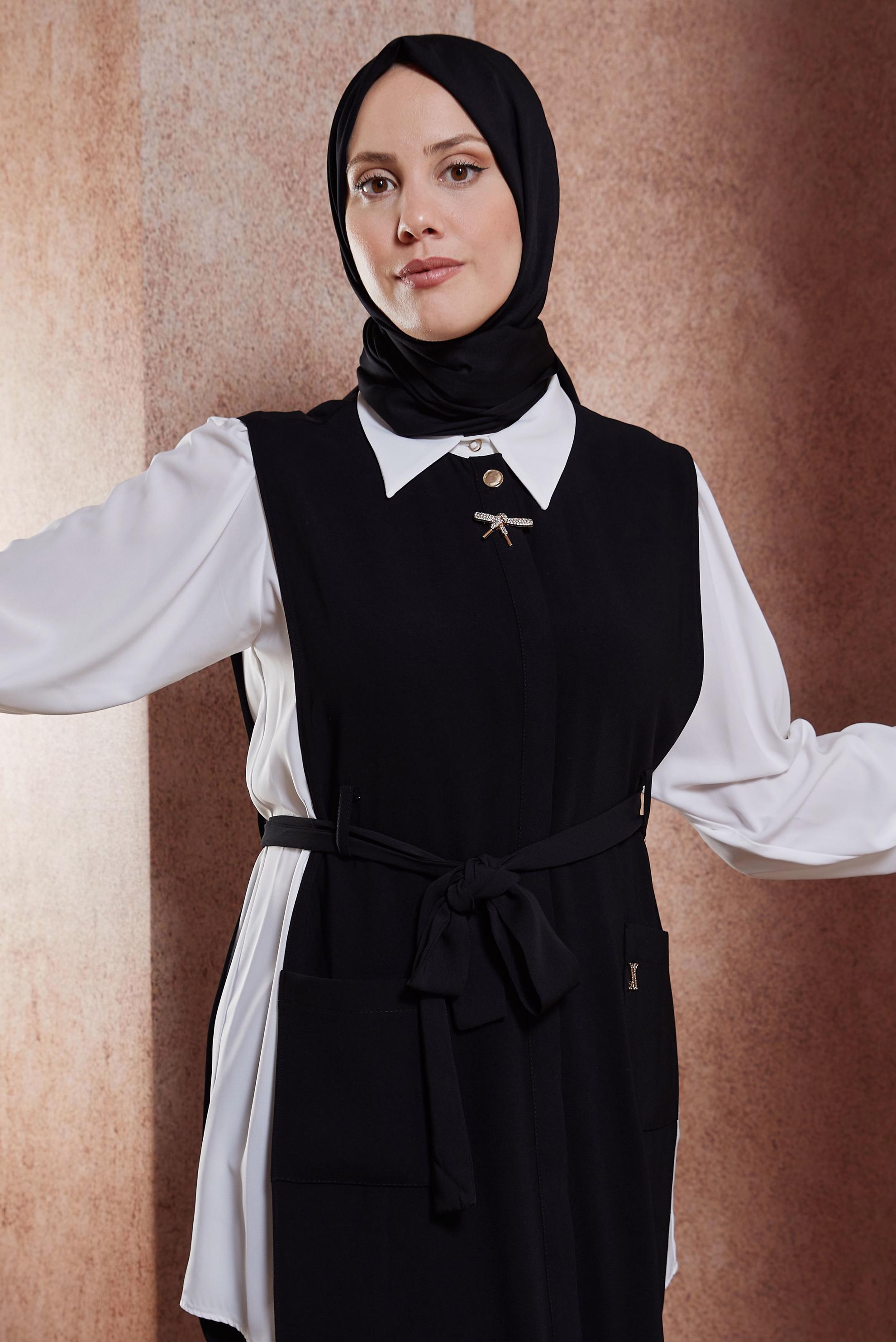 Tesettür giyim SİYAH KUŞAKLI ÜÇLÜ PANTOLONLU TAKIM 44171