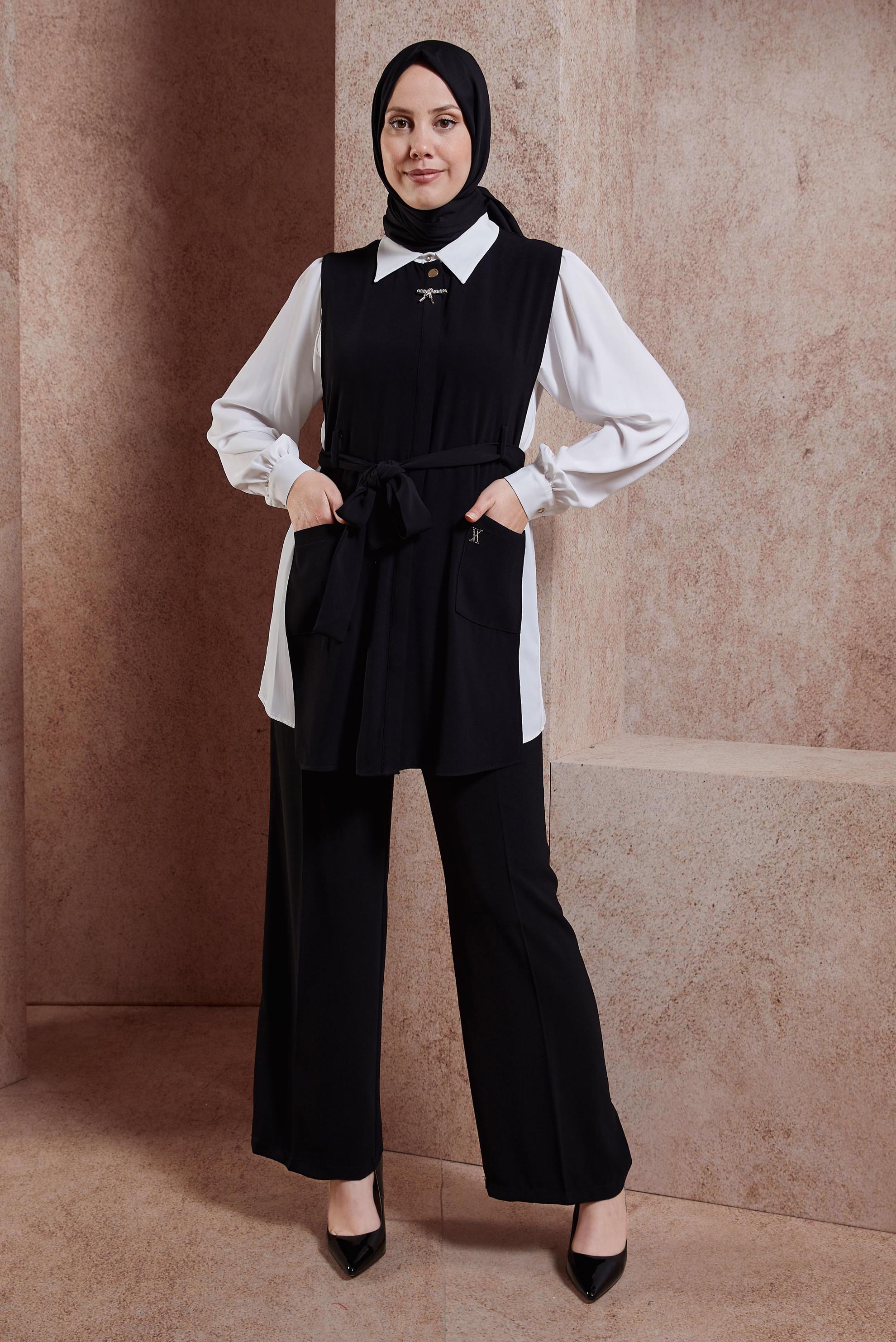 Tesettür giyim SİYAH KUŞAKLI ÜÇLÜ PANTOLONLU TAKIM 44171