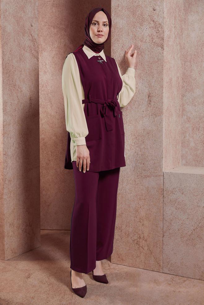 Vêtements hijab BEIGE ENSEMBLE PANTALON TROIS PIÈCES 44171 - ALVİNA