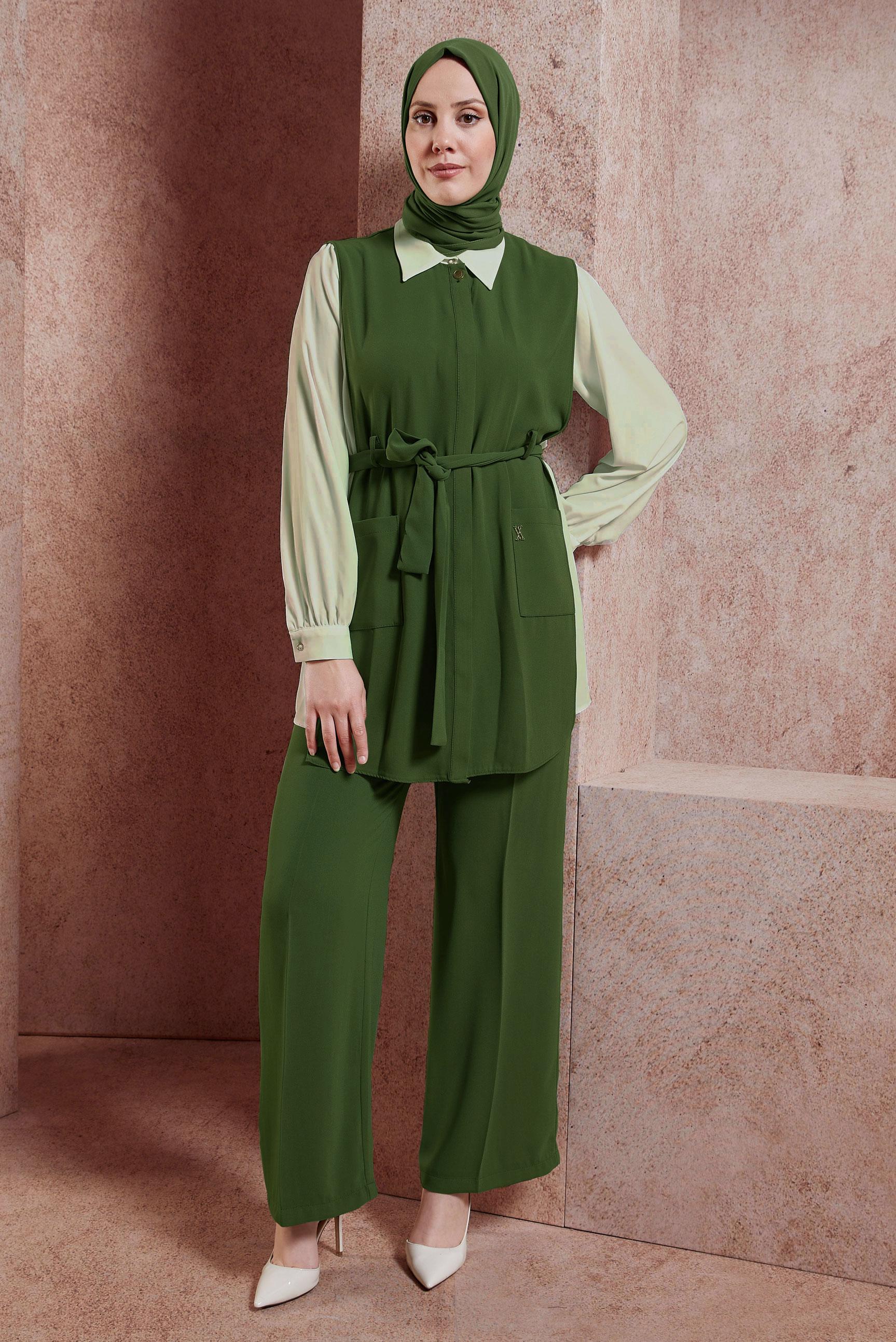 Hijab clothing KHAKI BELTED THREE-PIECES PANTSUIT 44171
