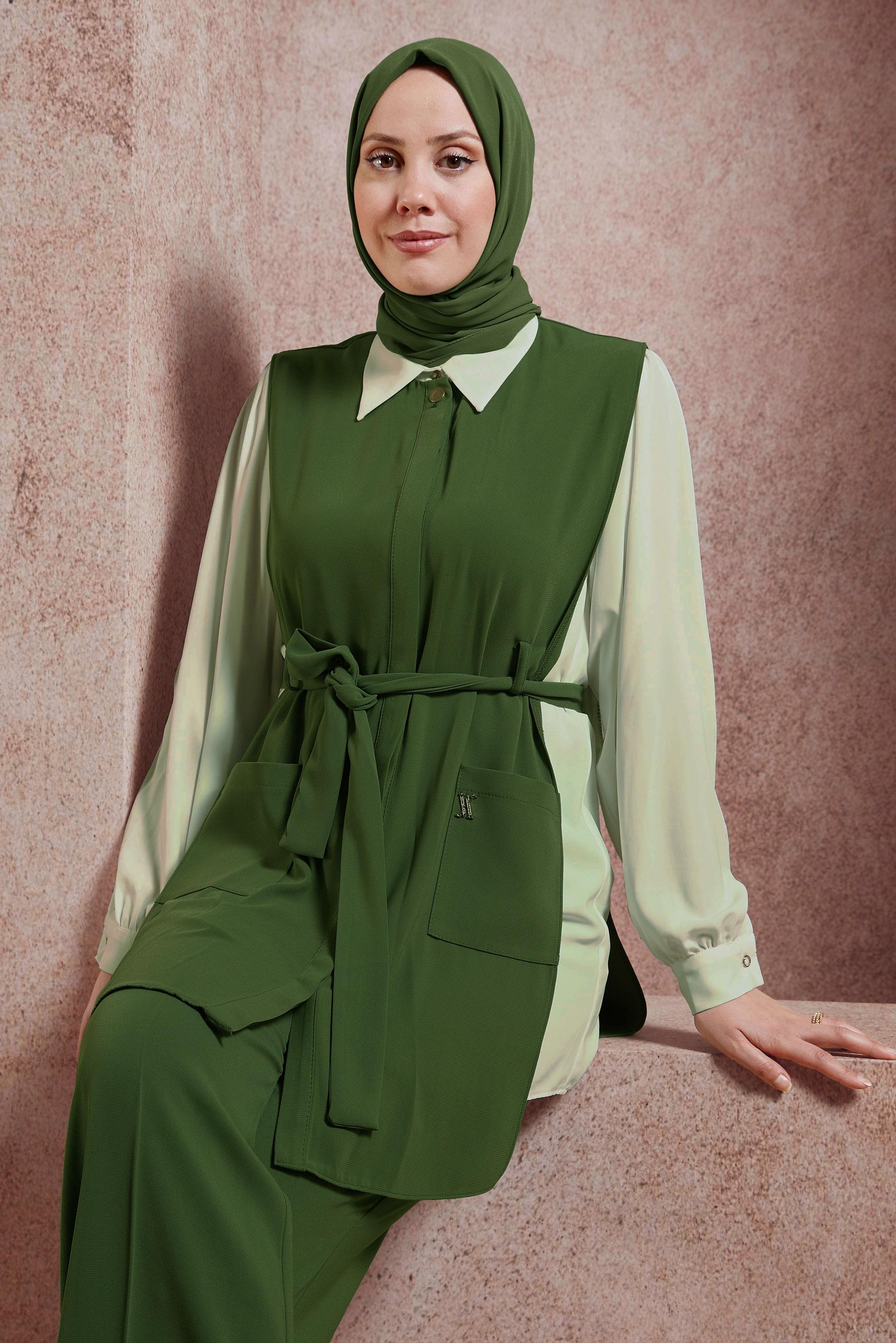 Hijab clothing KHAKI BELTED THREE-PIECES PANTSUIT 44171