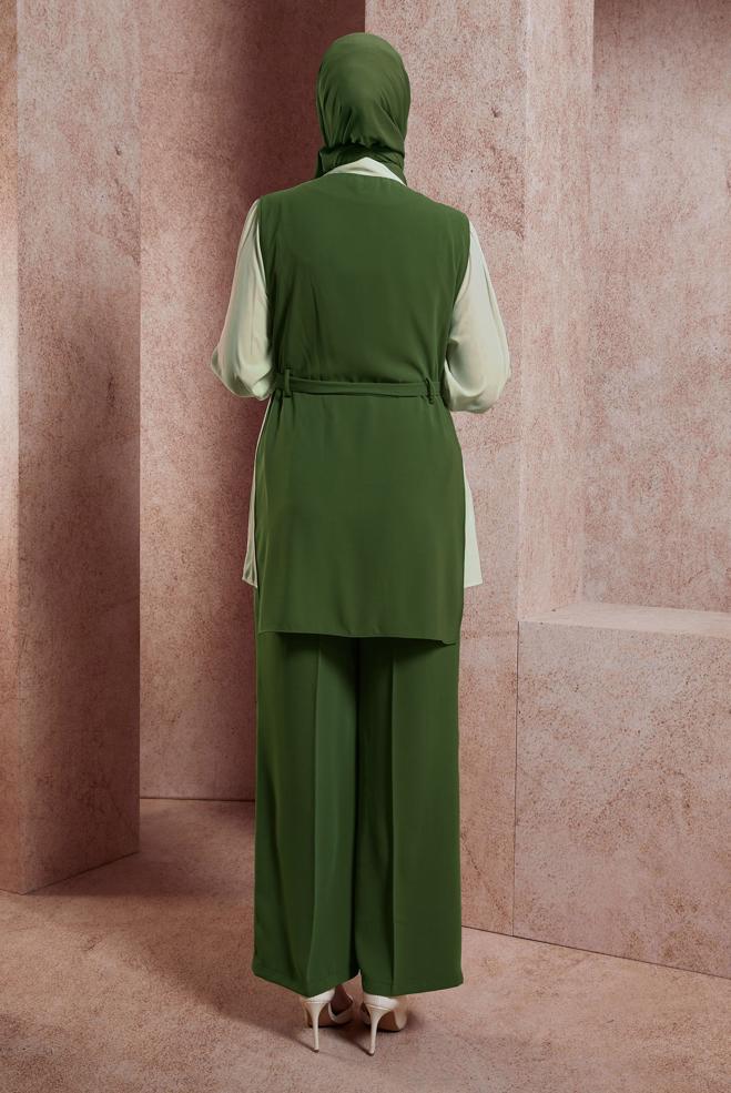 Hijab clothing KHAKI BELTED THREE-PIECES PANTSUIT 44171 - ALVİNA