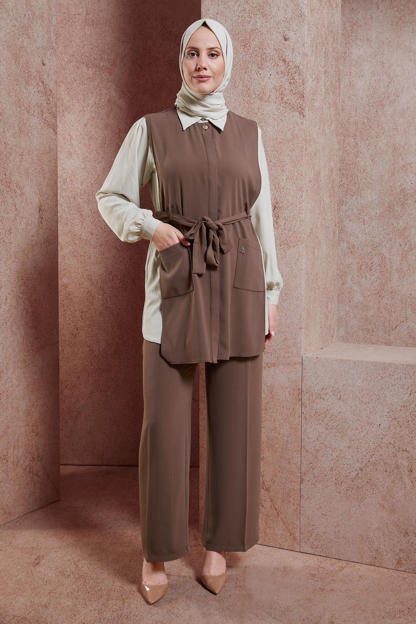 Tesettür giyim VİZON KUŞAKLI ÜÇLÜ PANTOLONLU TAKIM 44171