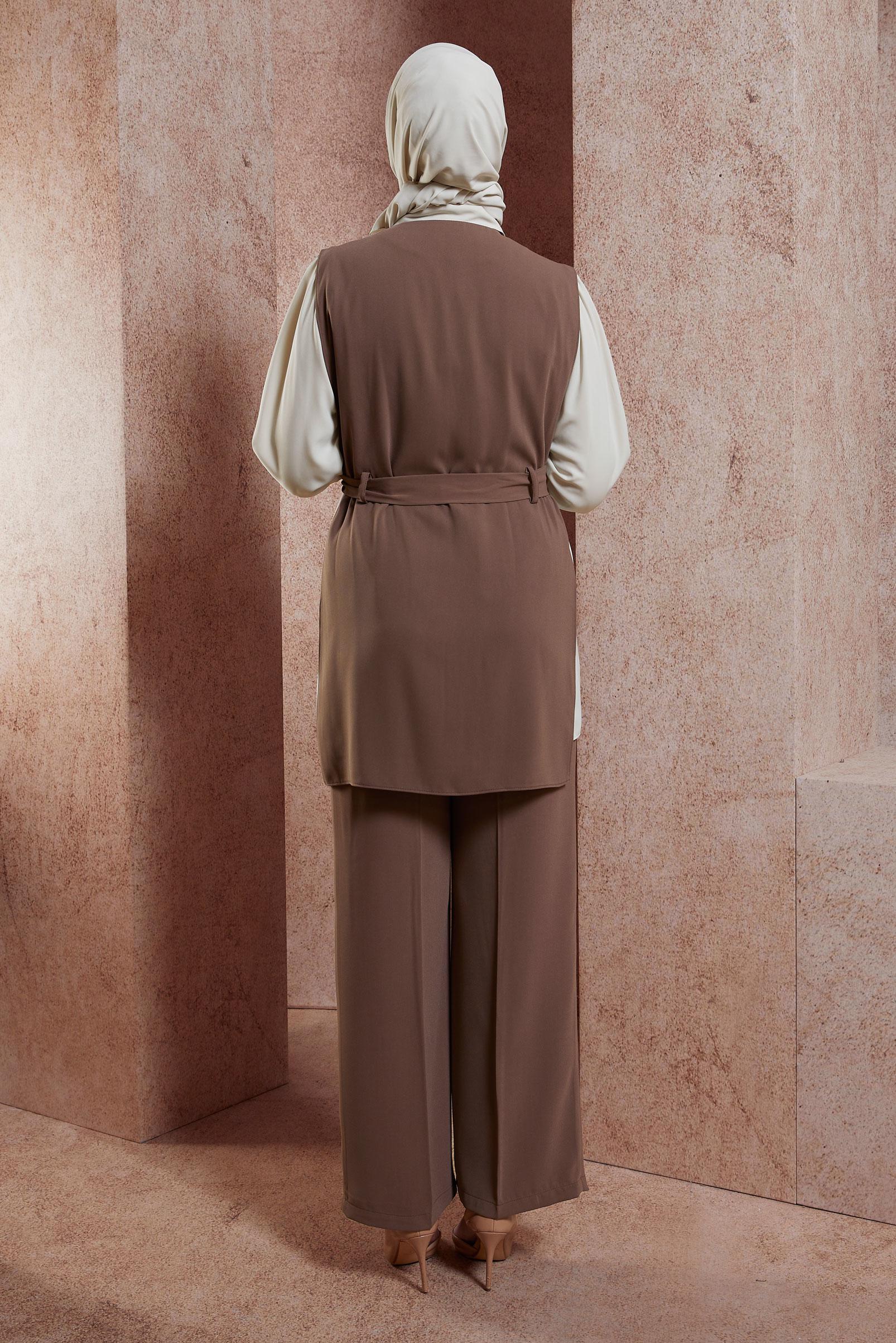 Tesettür giyim VİZON KUŞAKLI ÜÇLÜ PANTOLONLU TAKIM 44171