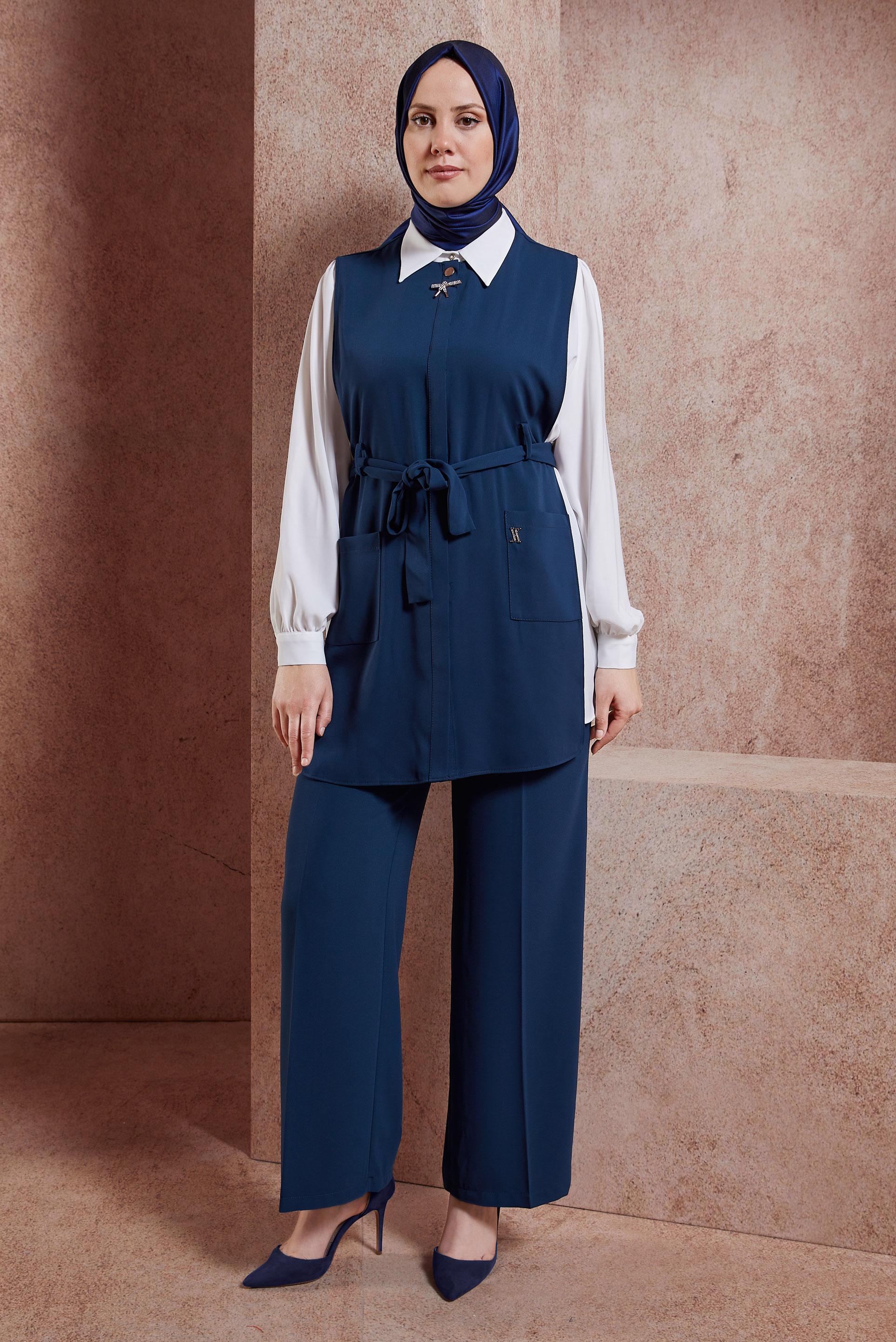 Tesettür giyim LACİVERT KUŞAKLI ÜÇLÜ PANTOLONLU TAKIM 44171
