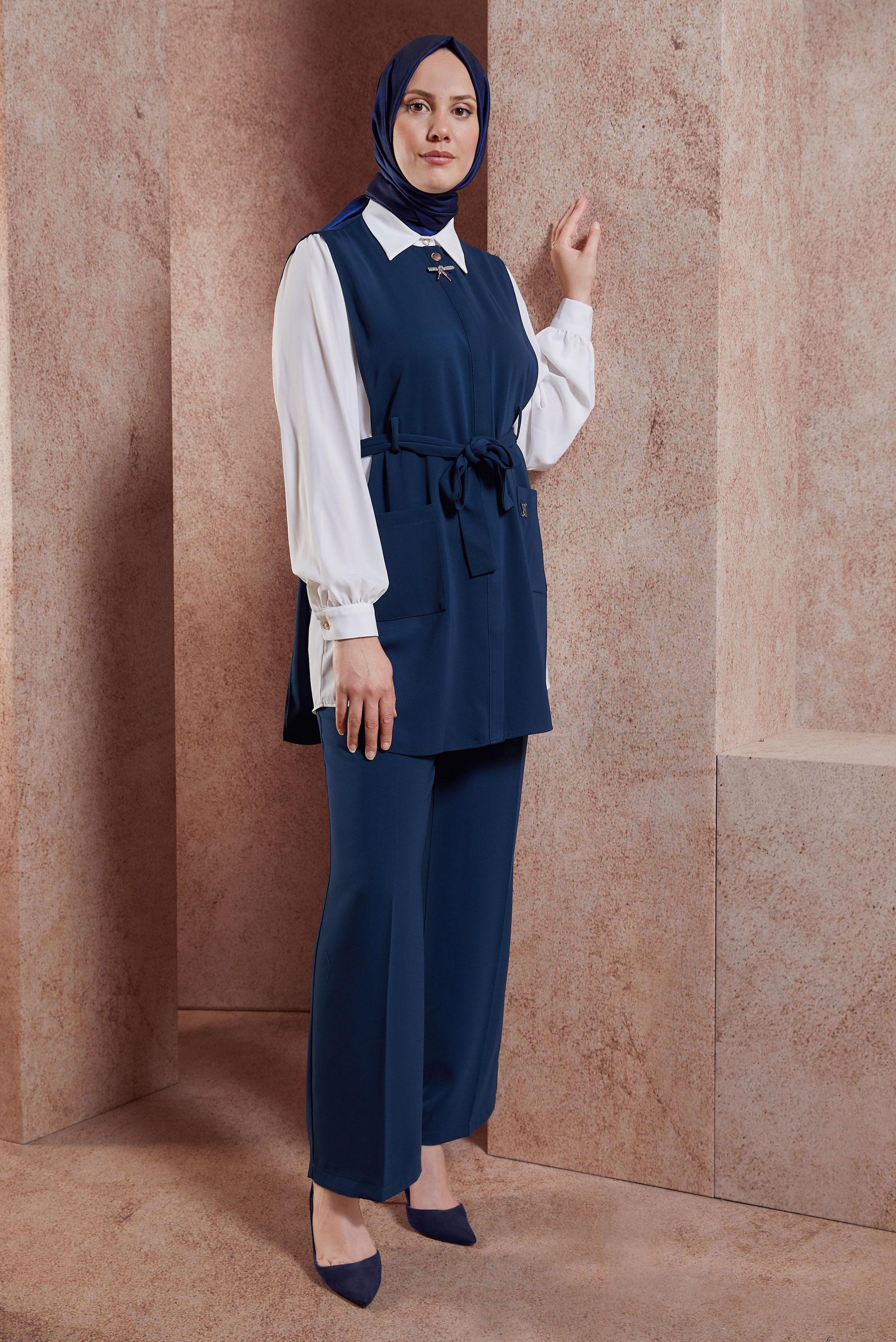 Tesettür giyim LACİVERT KUŞAKLI ÜÇLÜ PANTOLONLU TAKIM 44171
