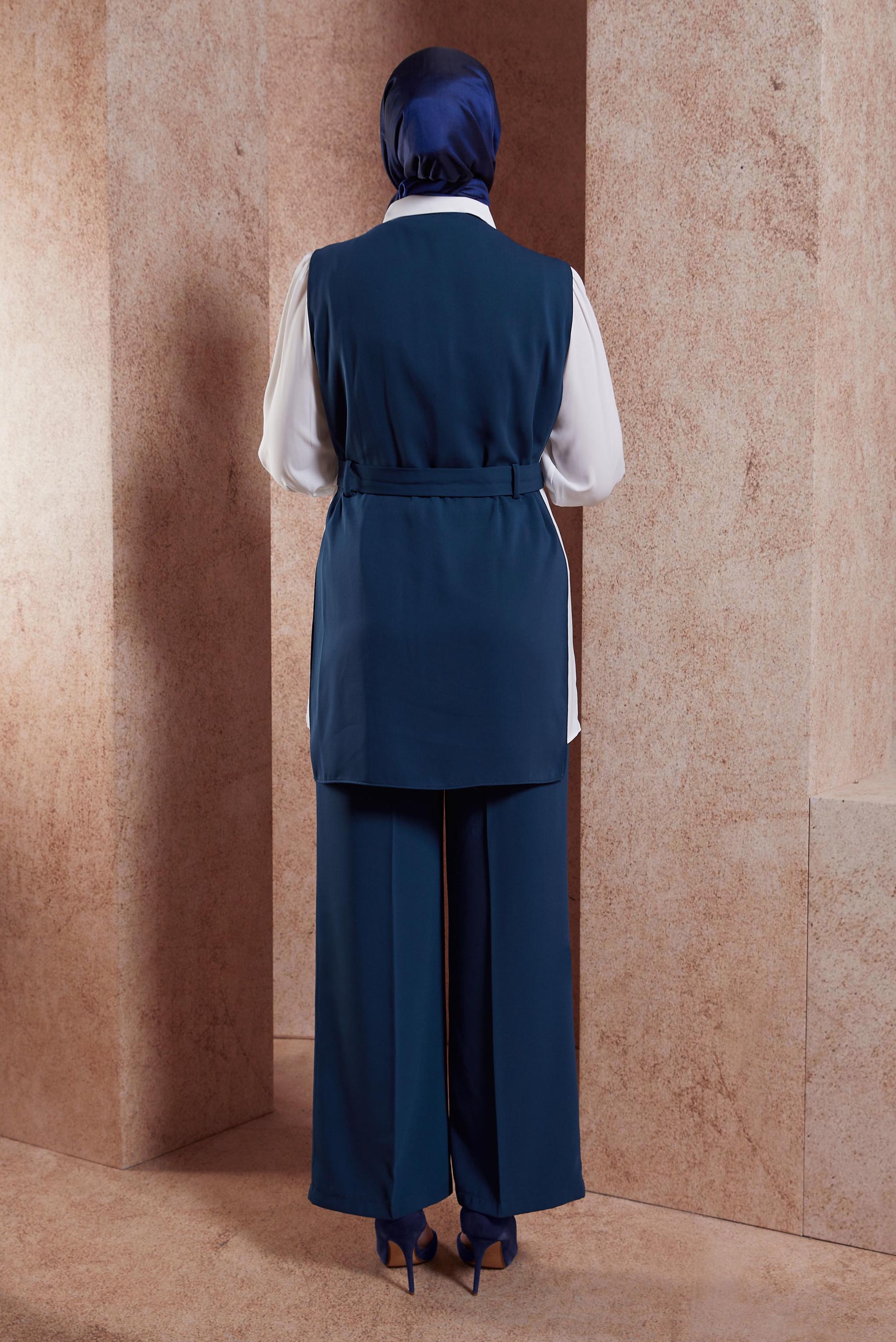 Tesettür giyim LACİVERT KUŞAKLI ÜÇLÜ PANTOLONLU TAKIM 44171