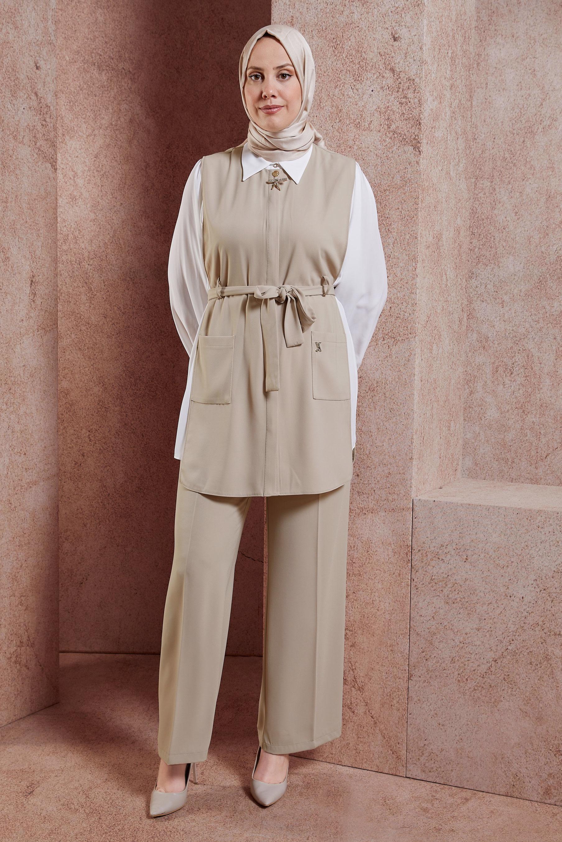 Tesettür giyim BEJ KUŞAKLI ÜÇLÜ PANTOLONLU TAKIM 44171