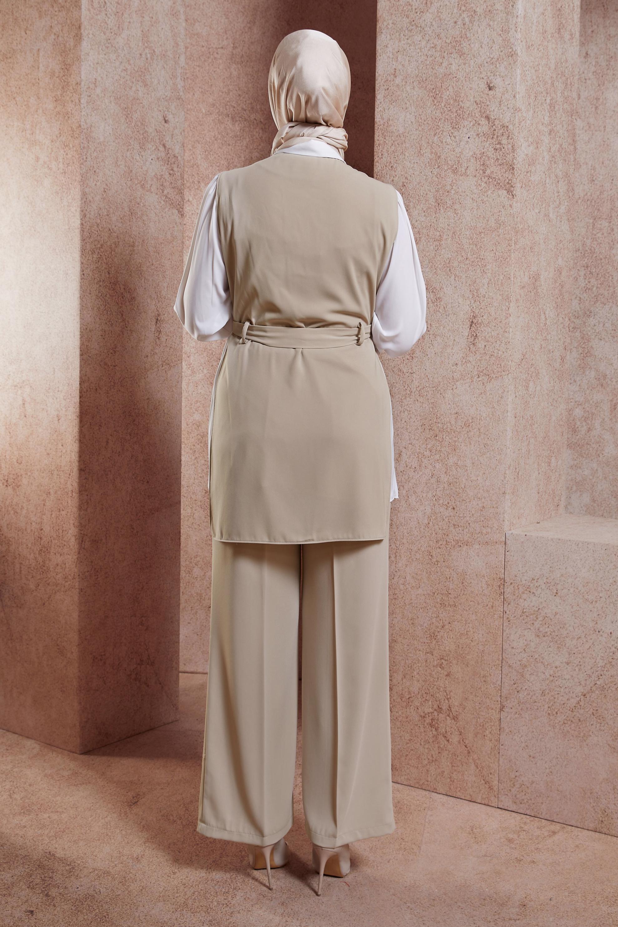 Tesettür giyim BEJ KUŞAKLI ÜÇLÜ PANTOLONLU TAKIM 44171