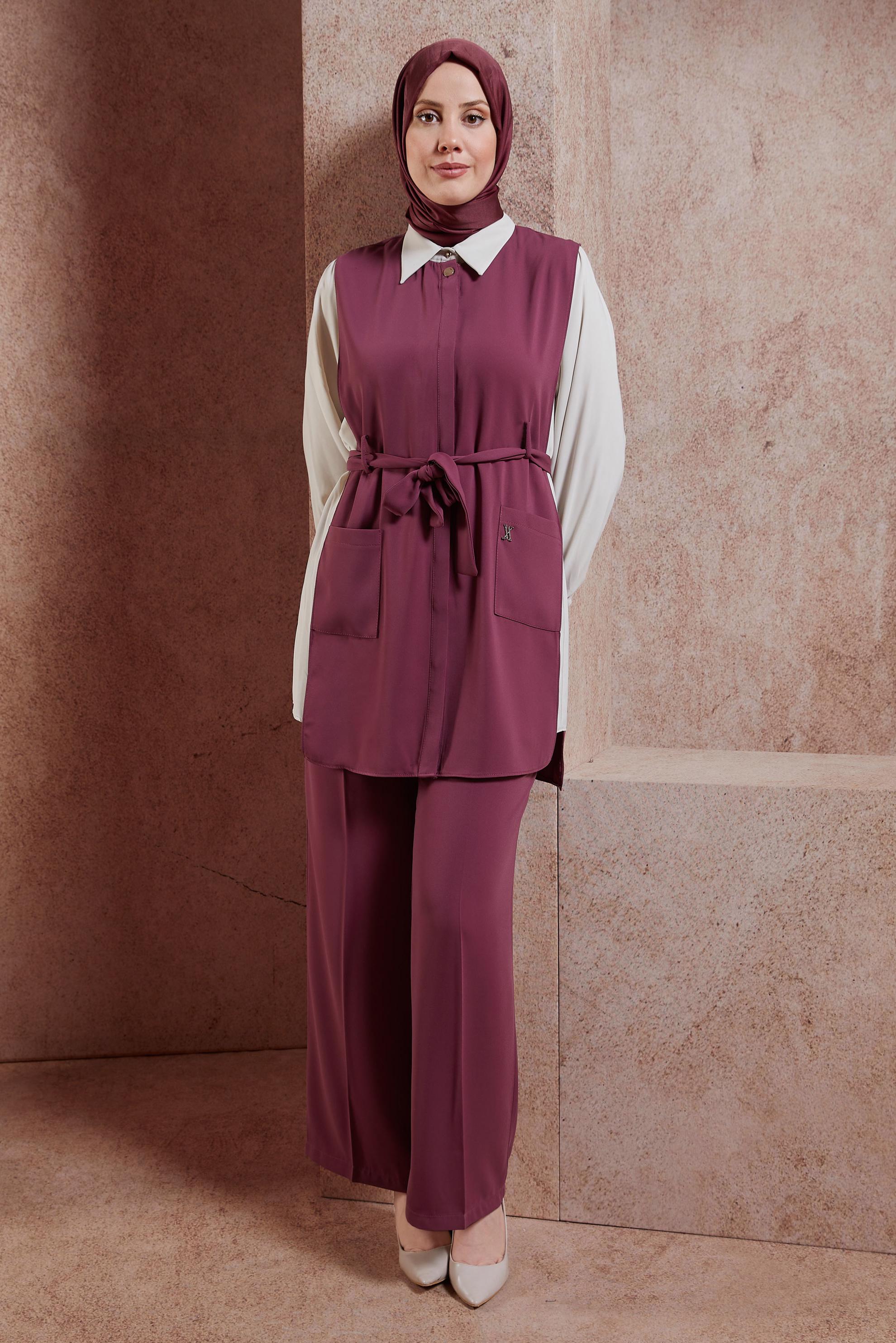 Tesettür giyim PEMBE KUŞAKLI ÜÇLÜ PANTOLONLU TAKIM 44171