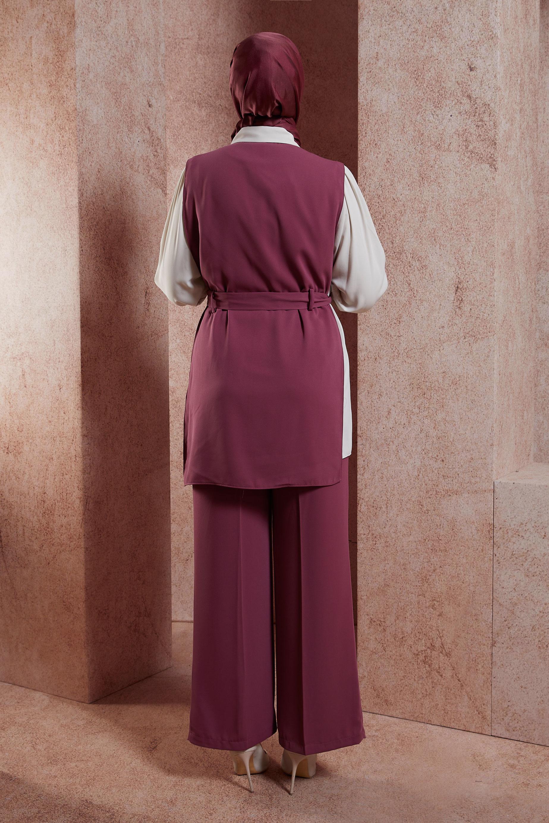 Tesettür giyim PEMBE KUŞAKLI ÜÇLÜ PANTOLONLU TAKIM 44171