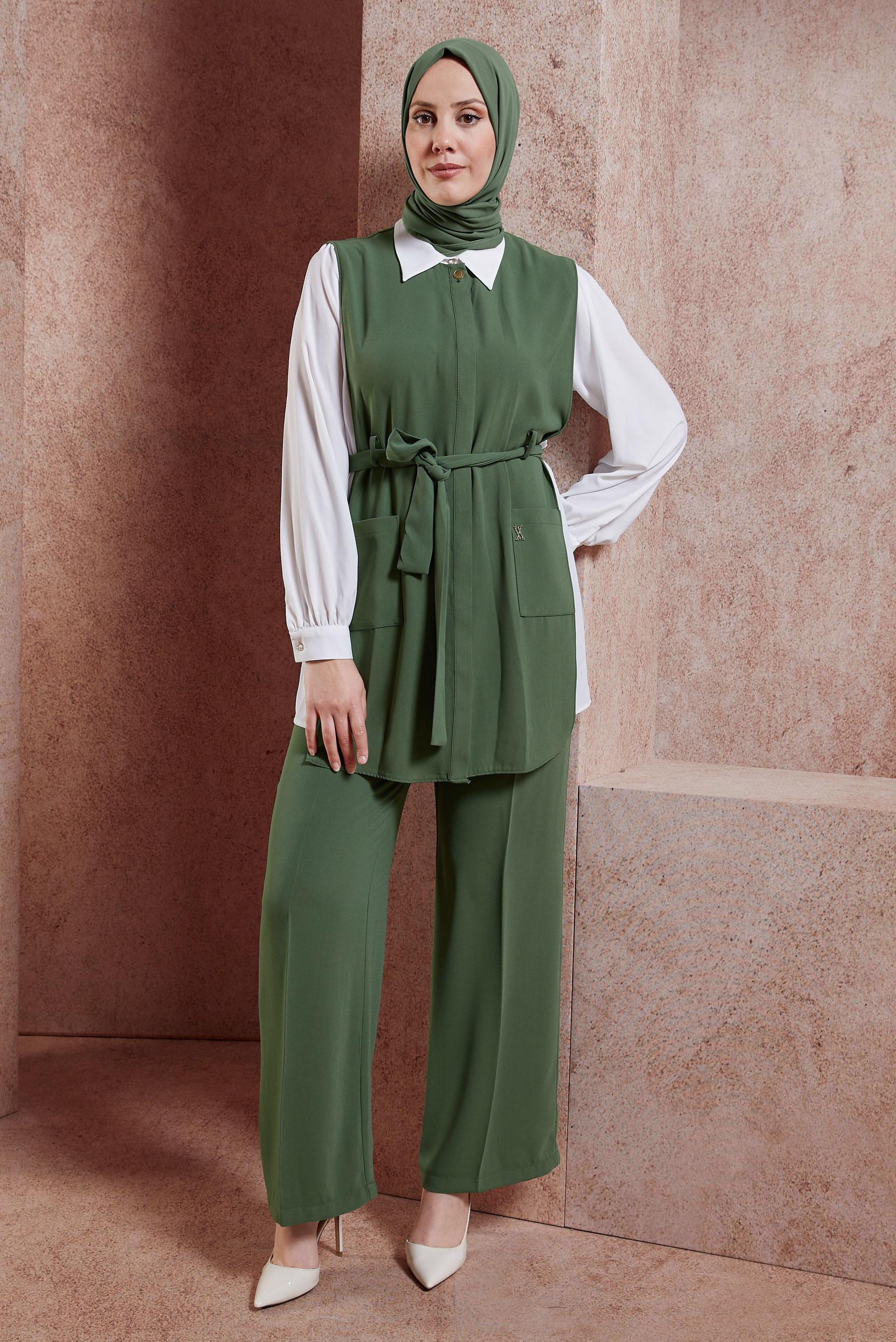 Tesettür giyim YEŞİL KUŞAKLI ÜÇLÜ PANTOLONLU TAKIM 44171