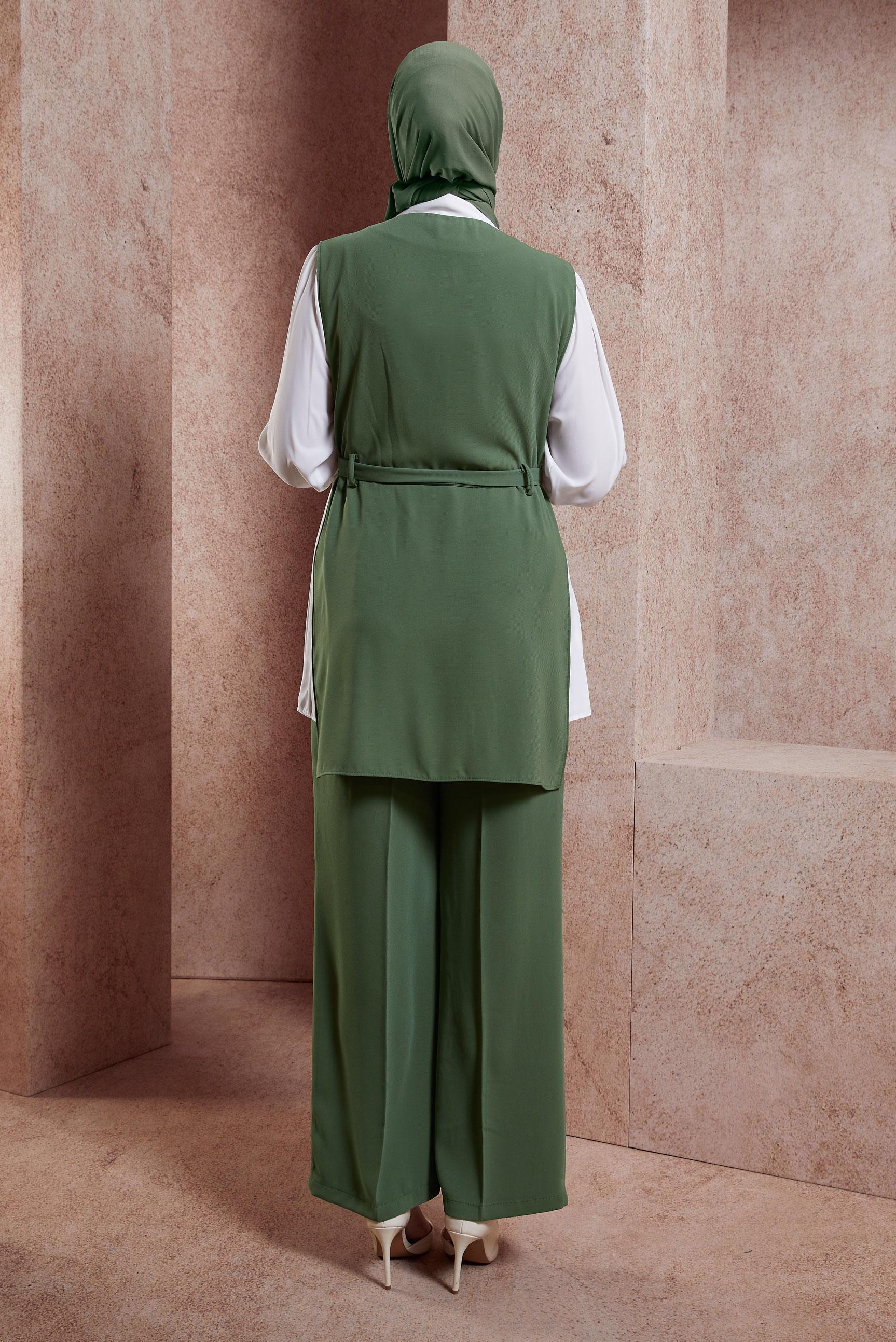 Tesettür giyim YEŞİL KUŞAKLI ÜÇLÜ PANTOLONLU TAKIM 44171