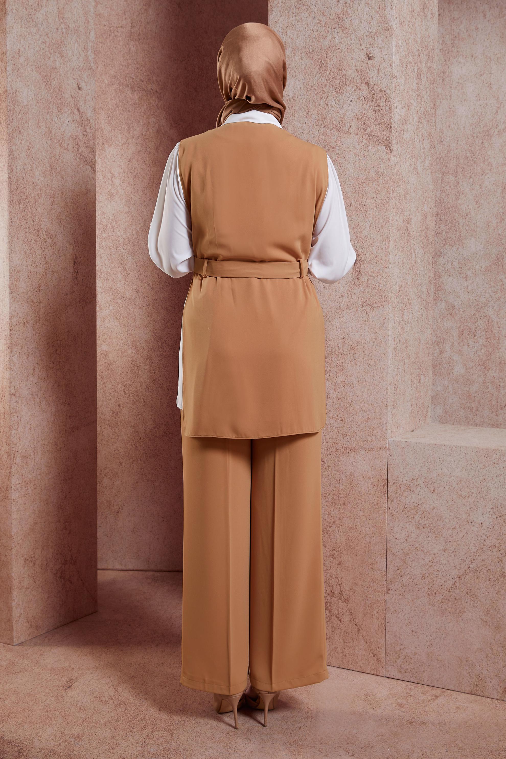 Tesettür giyim KAHVE KUŞAKLI ÜÇLÜ PANTOLONLU TAKIM 44171